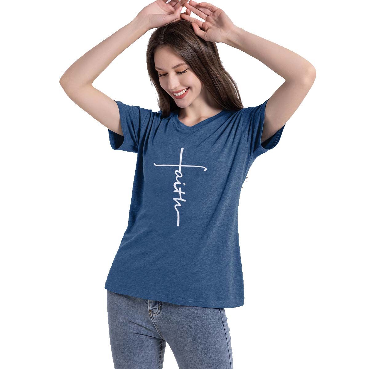 42AROZINA - Camiseta casual de mujer con cuello de pico en color sólido y holgada