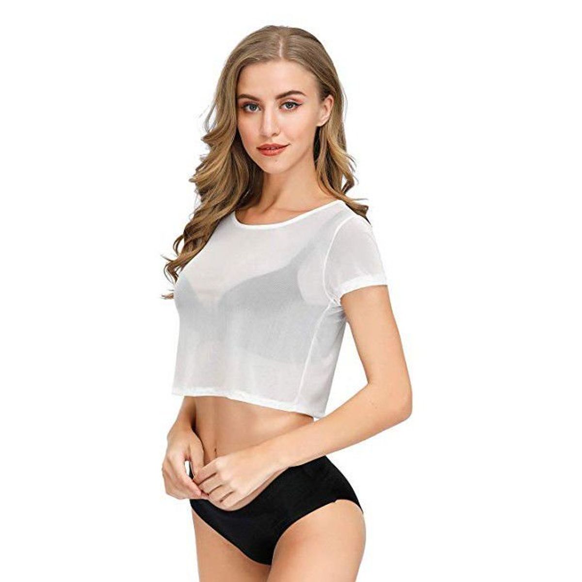 42AROZINA - Camiseta corta de malla transparente para mujer