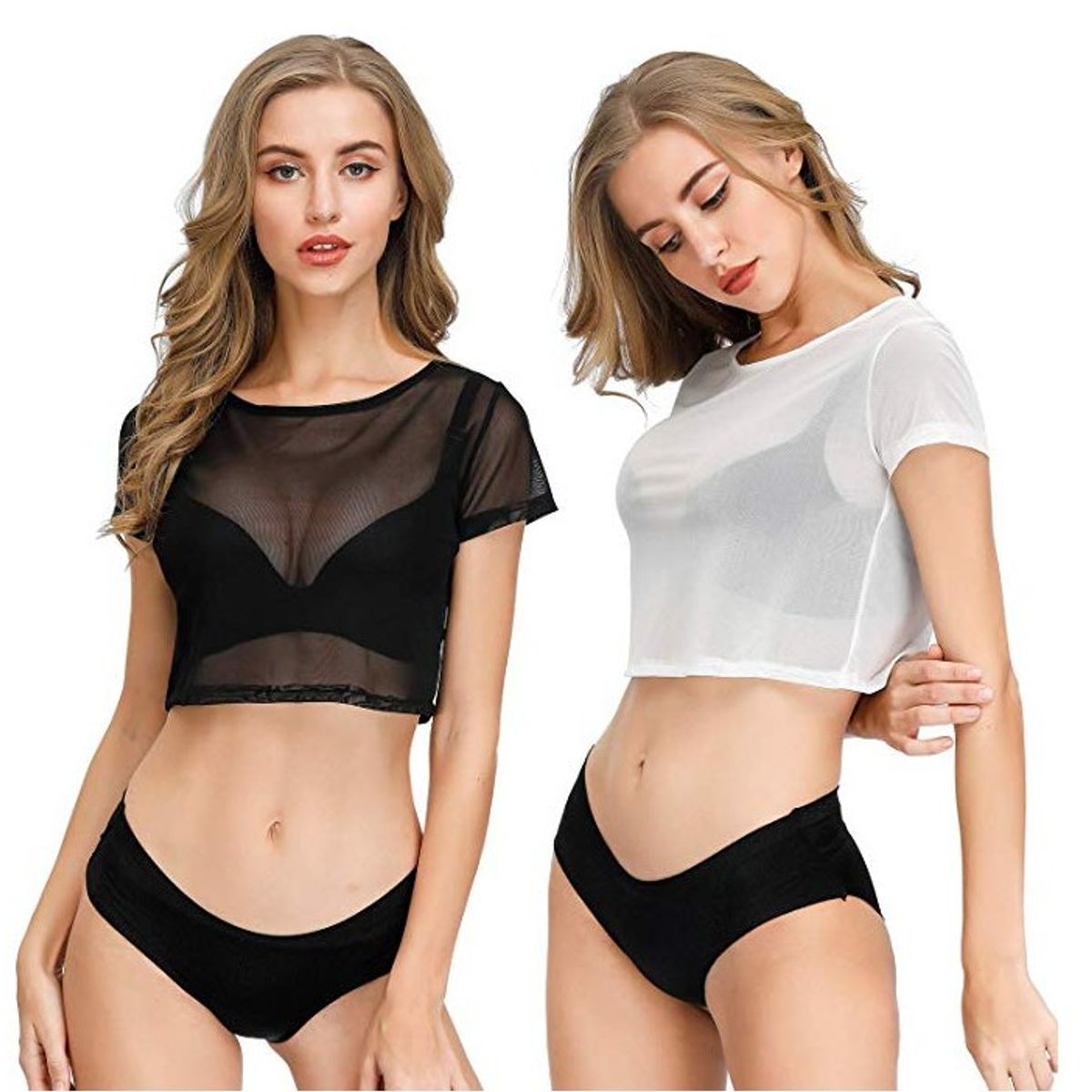 42AROZINA - Camiseta corta de malla transparente para mujer