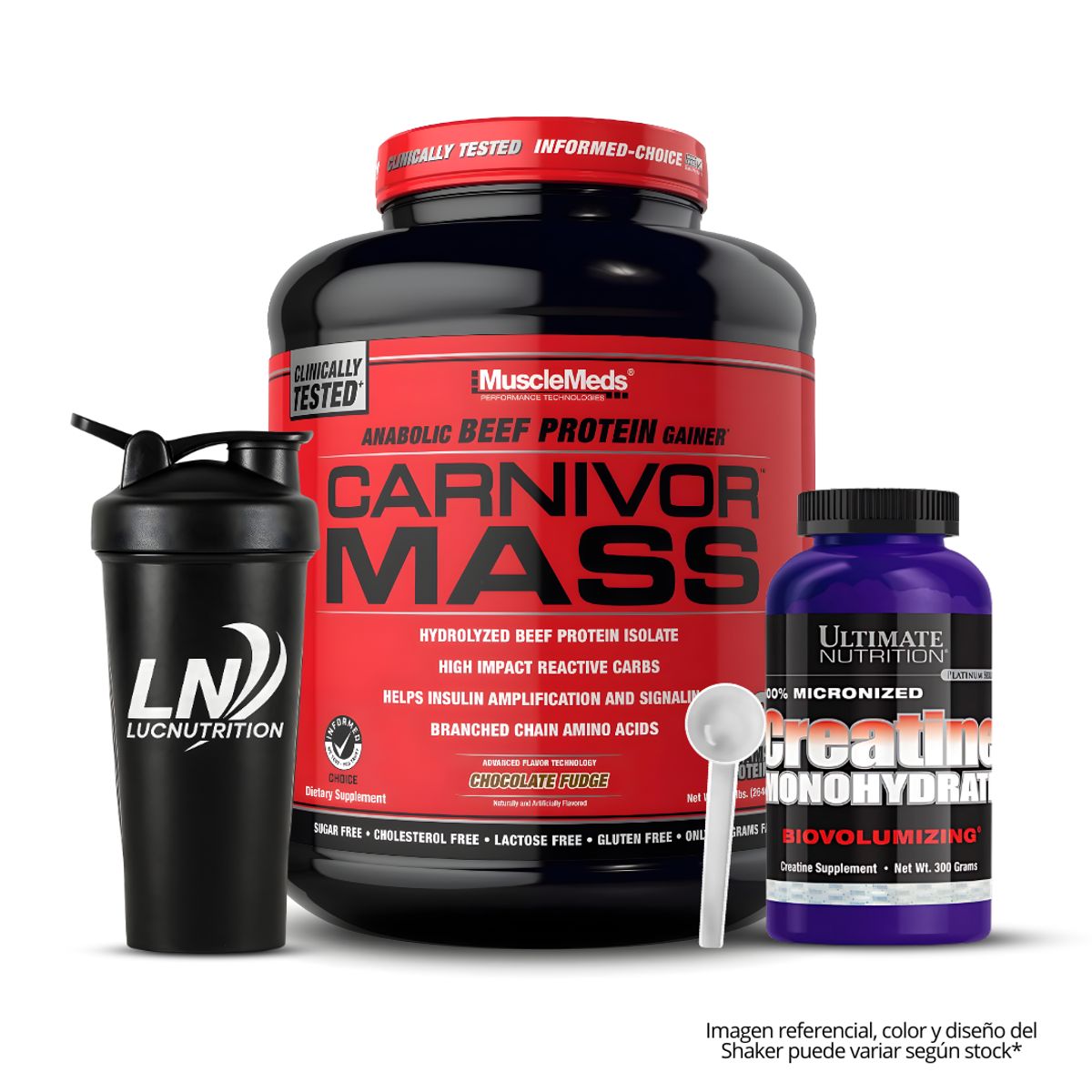 MUSCLEMEDS - Carnivor Mass 5.9 LB Beef Protein - Chocolate Fudge + Creatina Ultimate Nutrition 300 G + Shaker + Scoop