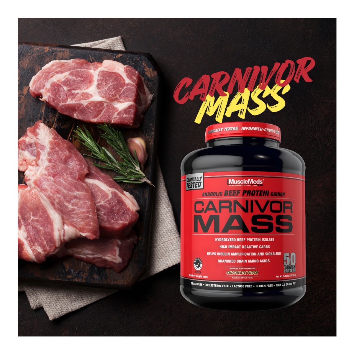 MUSCLEMEDS - Carnivor Mass 5.9 LB Beef Protein - Chocolate Fudge + Creatina Ultimate Nutrition 300 G + Shaker + Scoop
