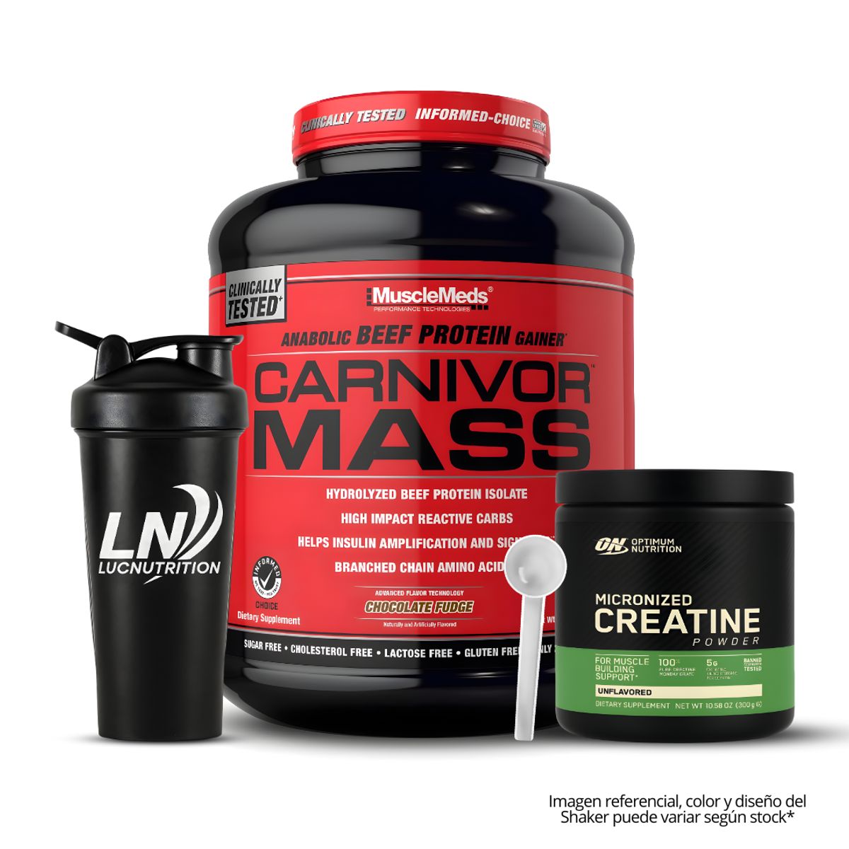 MUSCLEMEDS - Carnivor Mass 5.9 LB Beef - Chocolate Fudge + Creatina Optimum Nutrition 300 G + Shaker + Scoop