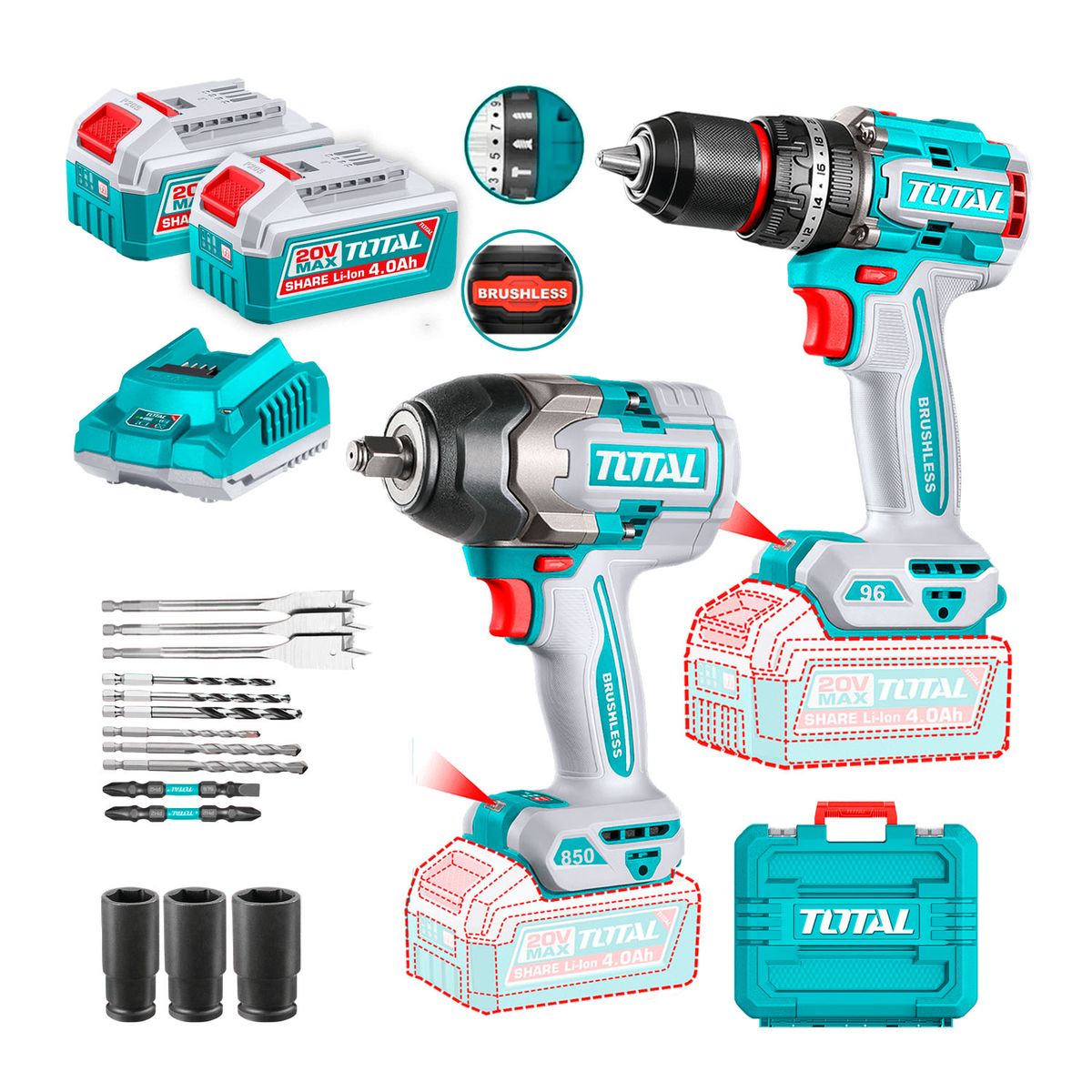 TOTAL TOOLS - Combo Llave Impacto 850nm Brushless + Taladro Impacto 96nm