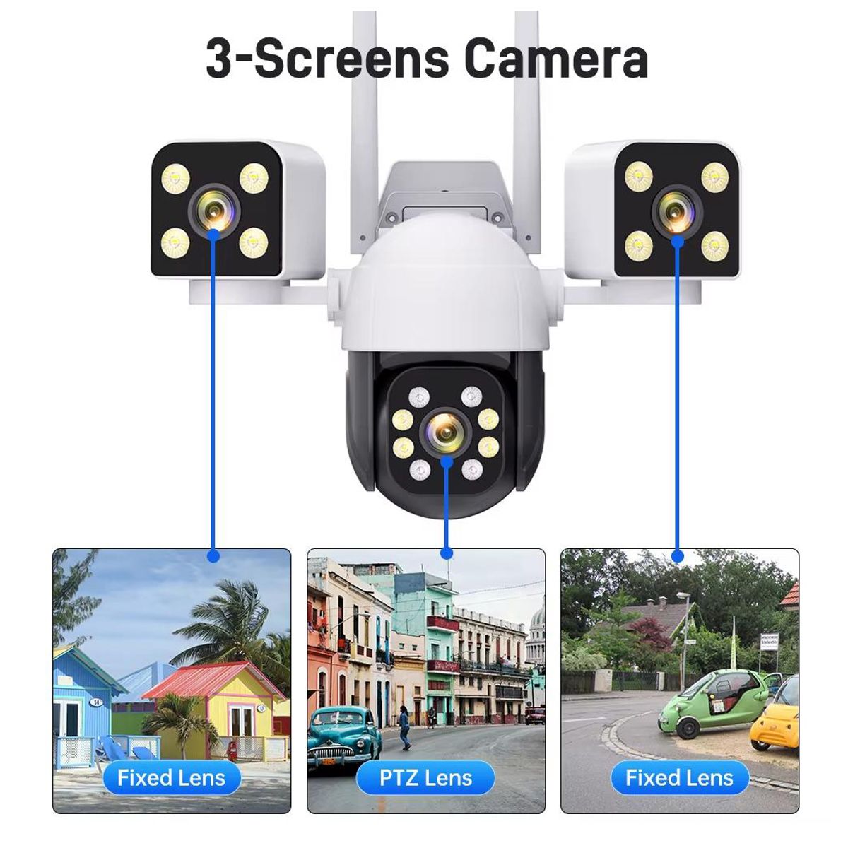 GENERICO - Cámaras De Seguridad 3 Lentes 360°  Wifi 4k Full Hd Visión Nocturna con Alarma incluida Color Blanco