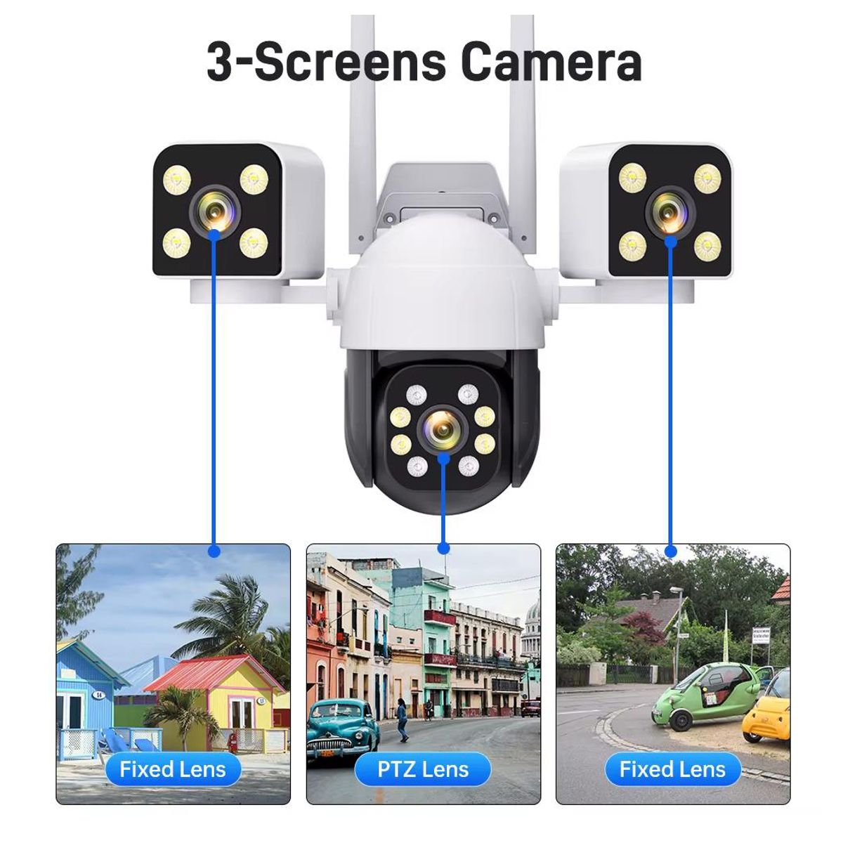 GENERICO - Cámaras De Seguridad 3 Lentes 360°  Wifi 4k Full Hd Visión Nocturna con Alarma incluida Color Blanco