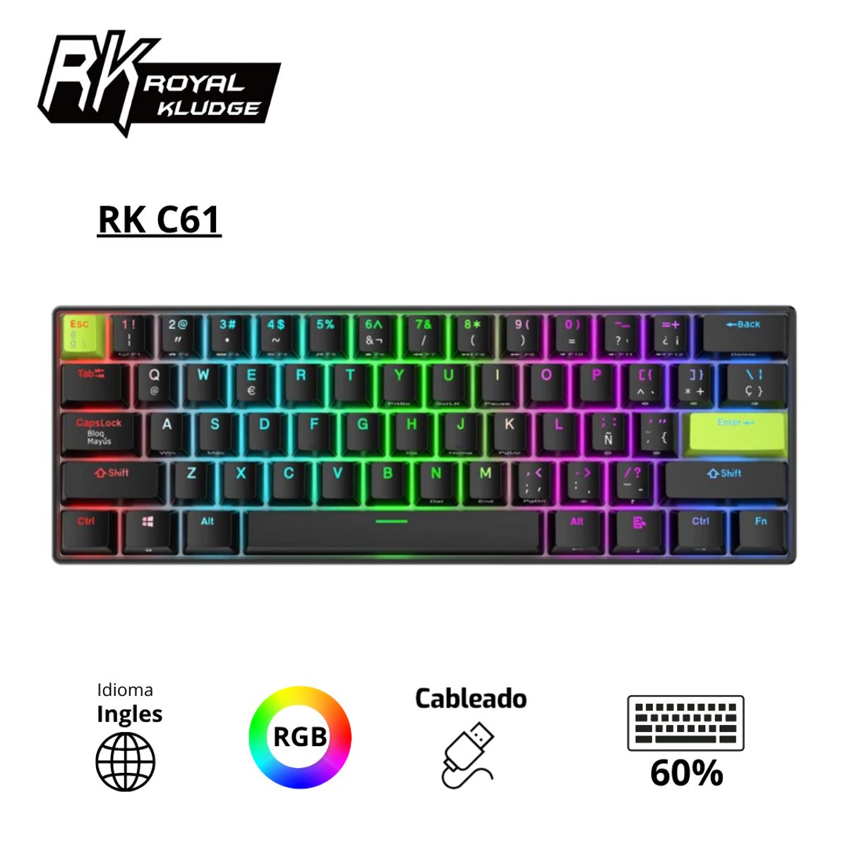 ROYAL KLUDGE - Teclado Royal Kludge RK C61 Cableado BLACK GREEN - MINT MAGNETIC SWITCH