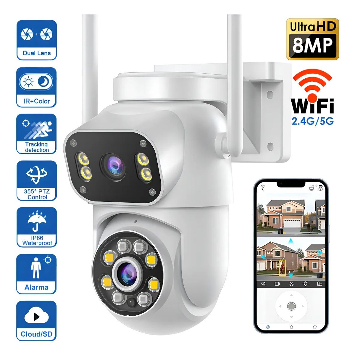 GENERICO - Cámara Vigilancia Con Targeta SIM Wifi  Doble Lente Full HD Detección Movimiento Visión Nocturna