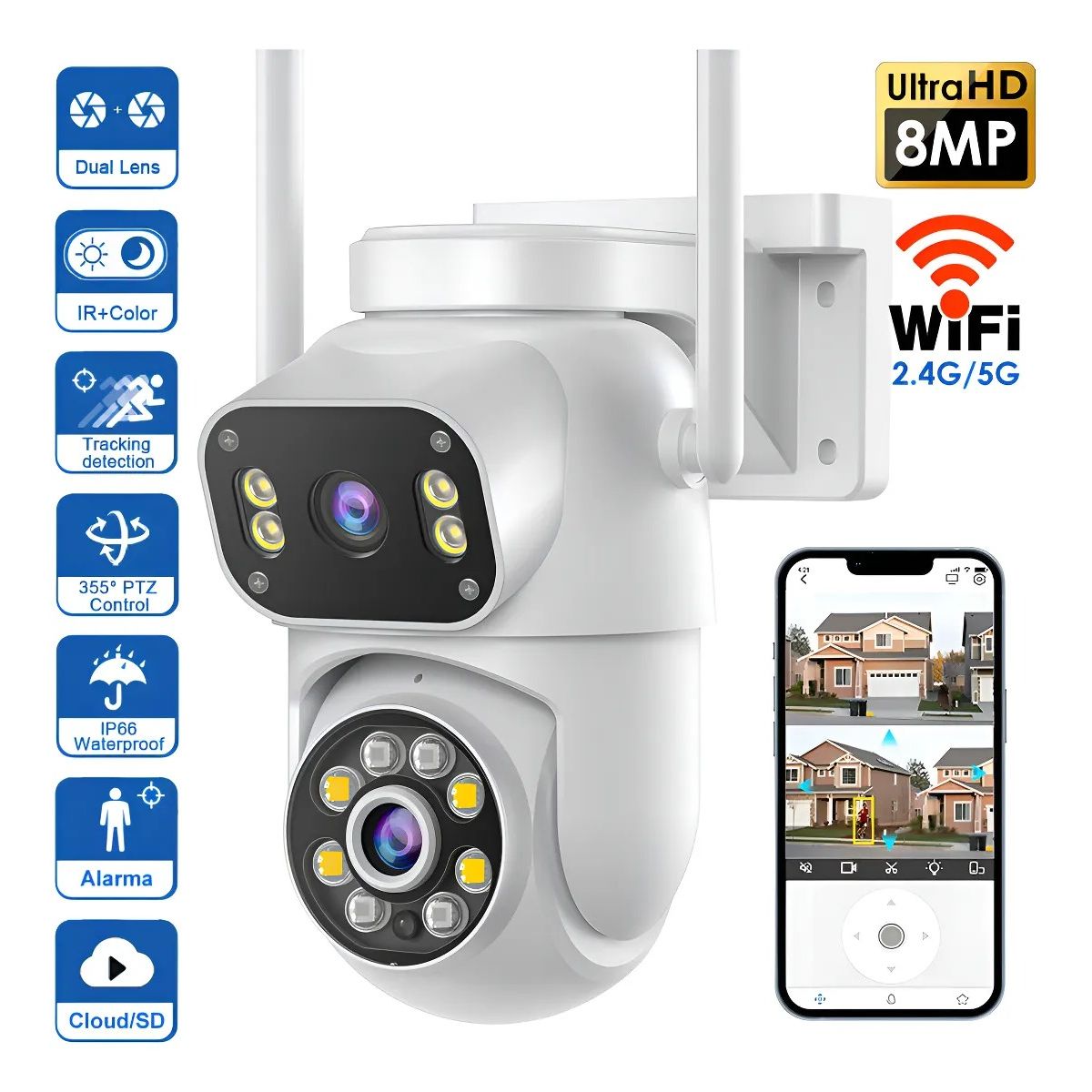 GENERICO - Cámara Vigilancia Con Targeta SIM Wifi  Doble Lente Full HD Detección Movimiento Visión Nocturna