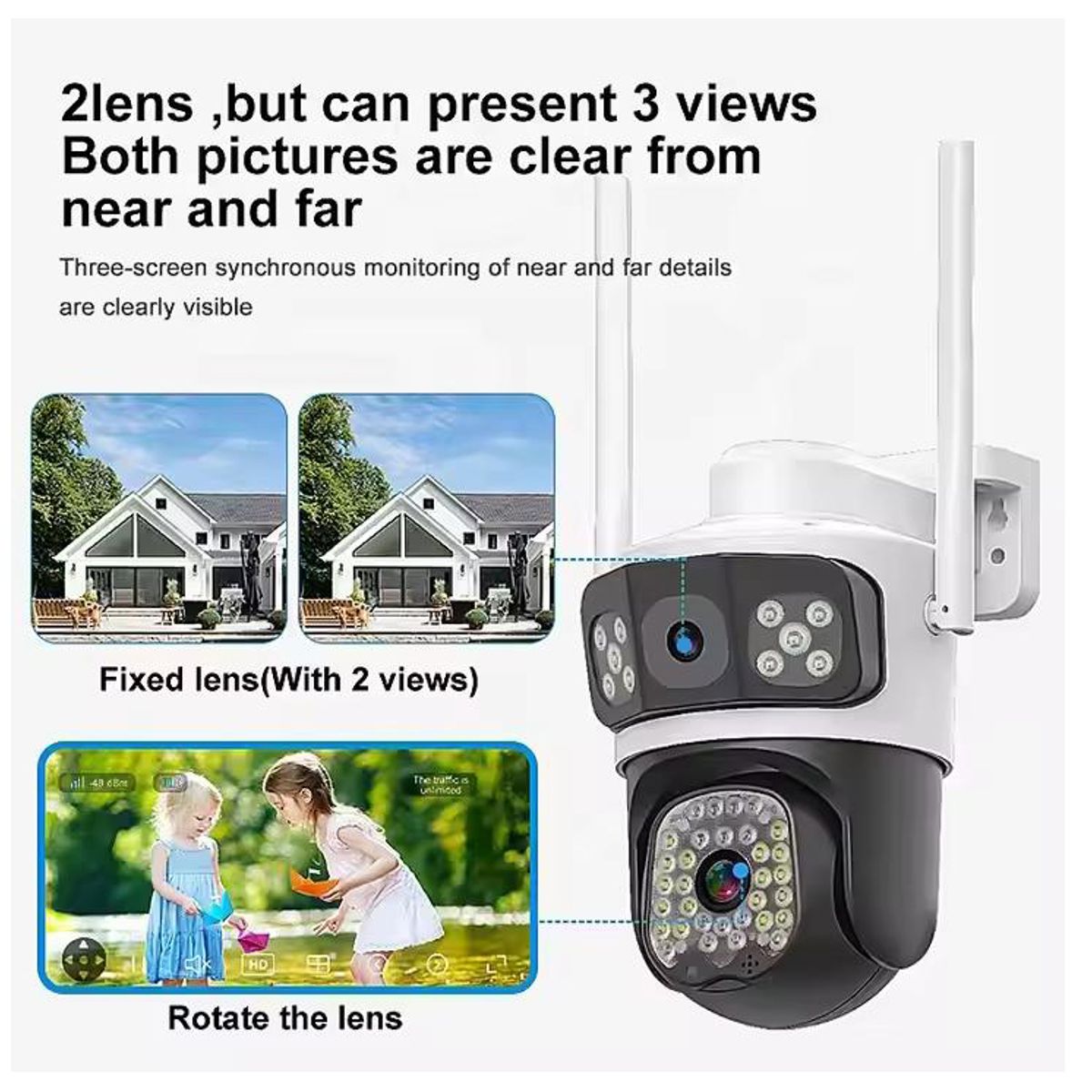 GENERICO - Cámara Vigilancia Con Targeta SIM Wifi  Doble Lente Full HD Detección Movimiento Visión Nocturna