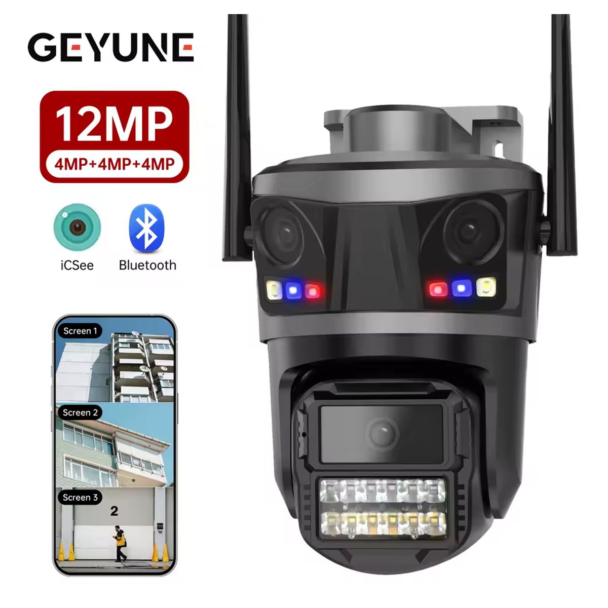 GENERICO - Cámara De Seguridad Wifi Exterior Tres Lentes Alarma Seguimiento Automático Audio Bidireccional