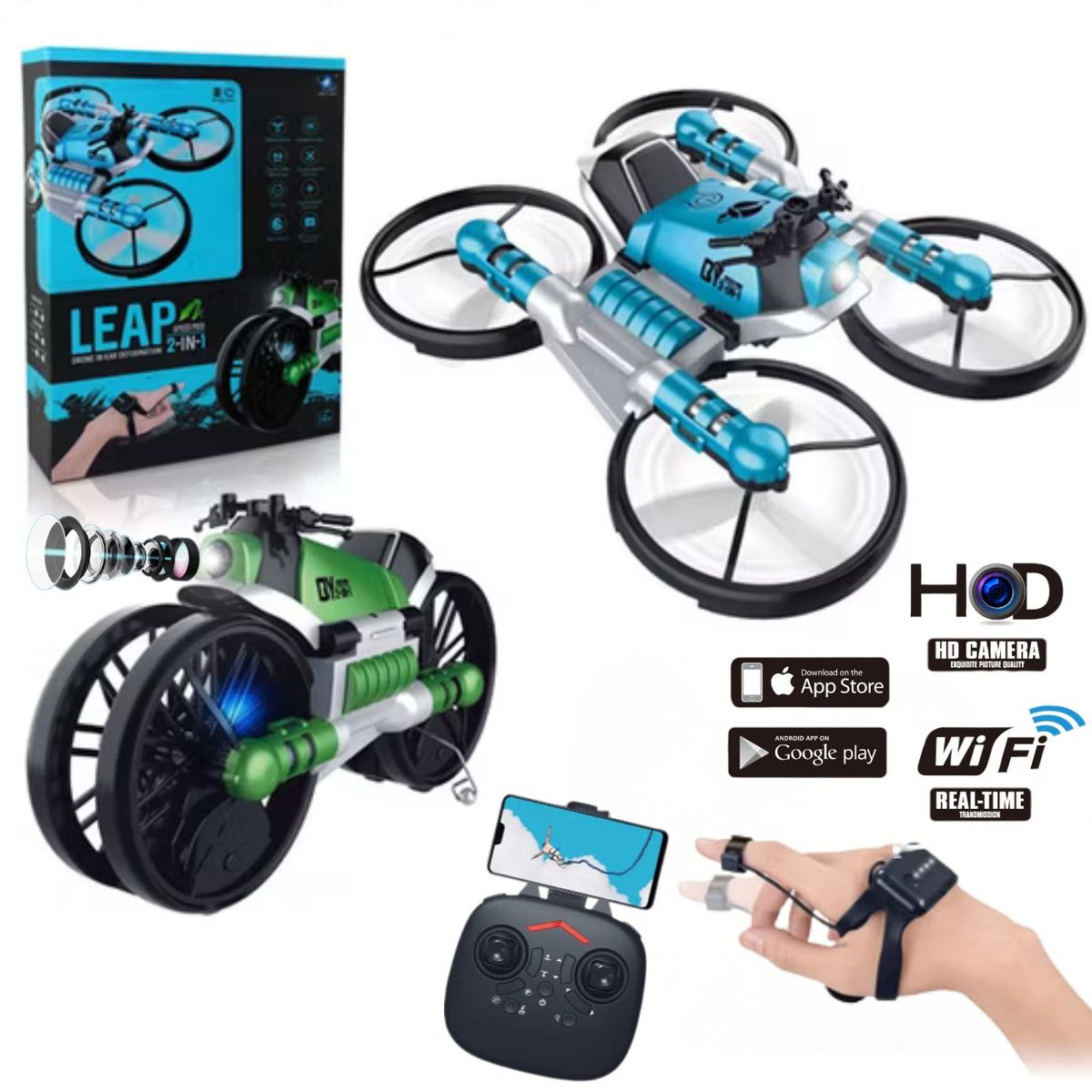 IMPORTADO MC - Drone 2 en 1 Convertible a Moto Inteligente Con Cámara Wifi +APP +Control Pulsera + Control Remoto A