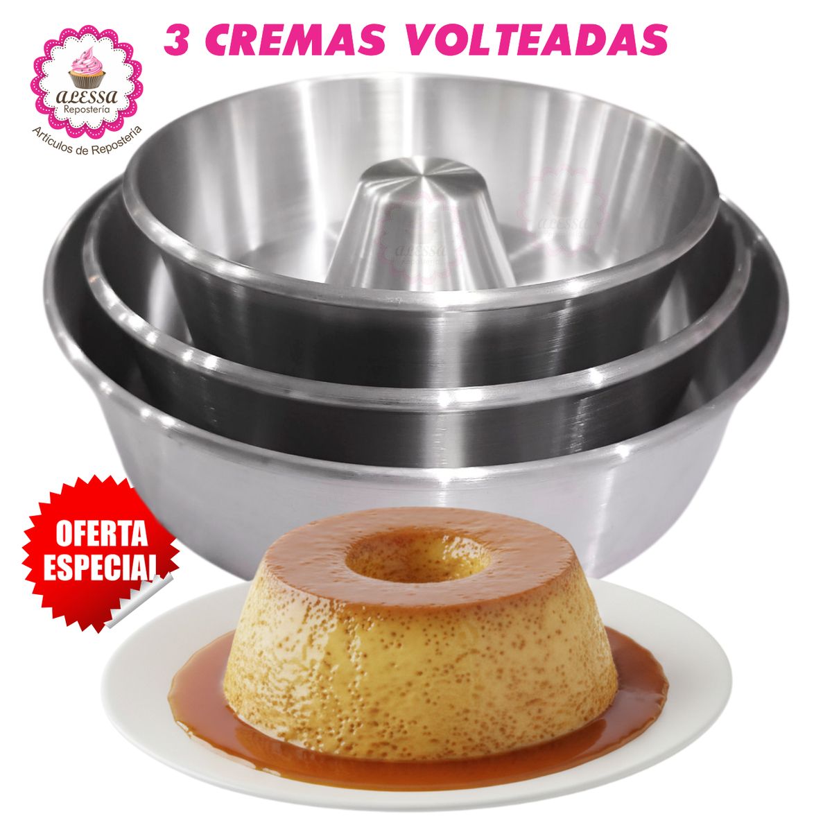 GENERICO - Set Premium de 3 Moldes de Crema Volteada 22, 25 y 28 para Repostería