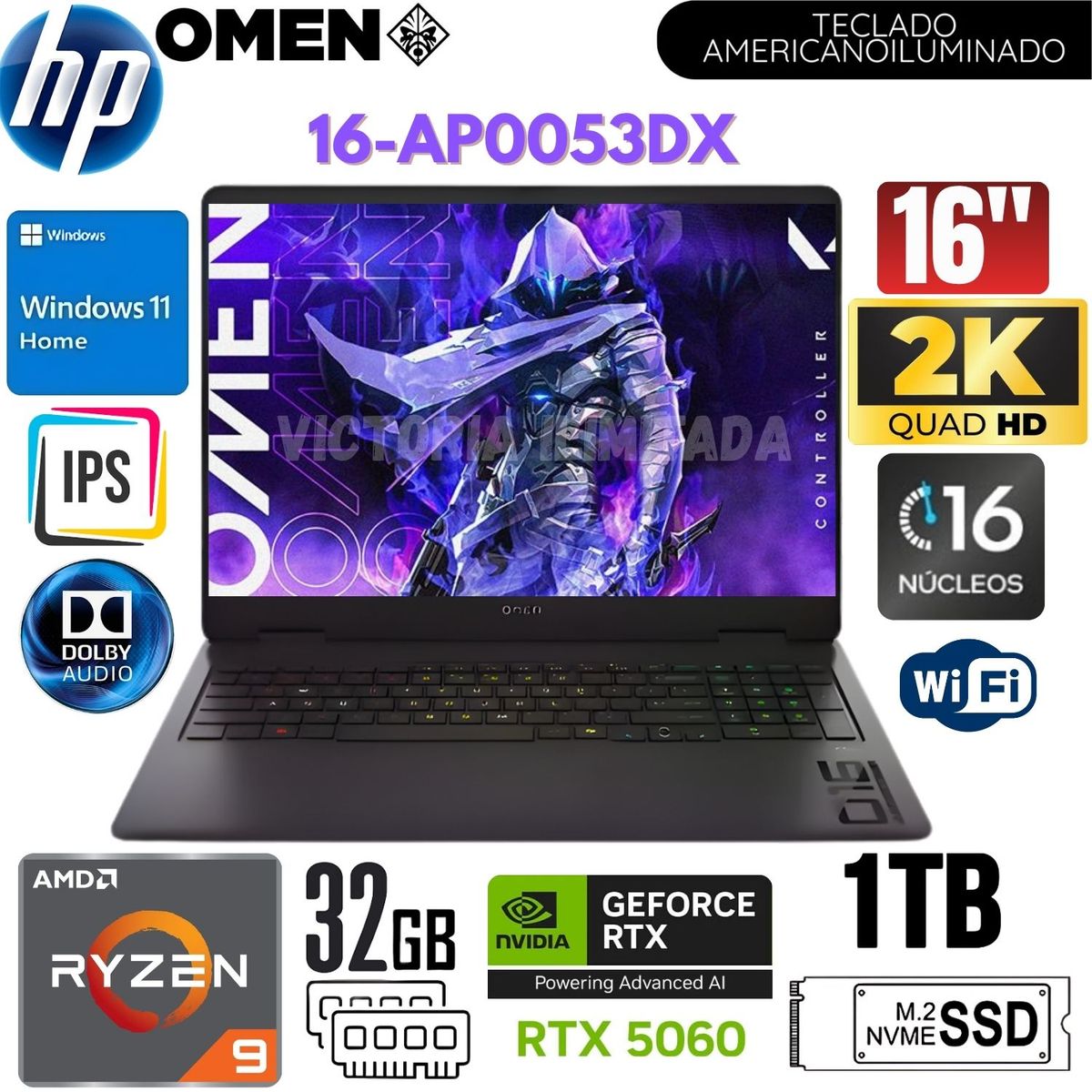HP - Laptop HP Omen 16-AP0053DX AMD Ryzen 9-8940HX 32GB RAM 1TB SSD 16" Pulg. 2K  RTX5060-8GB WIN11