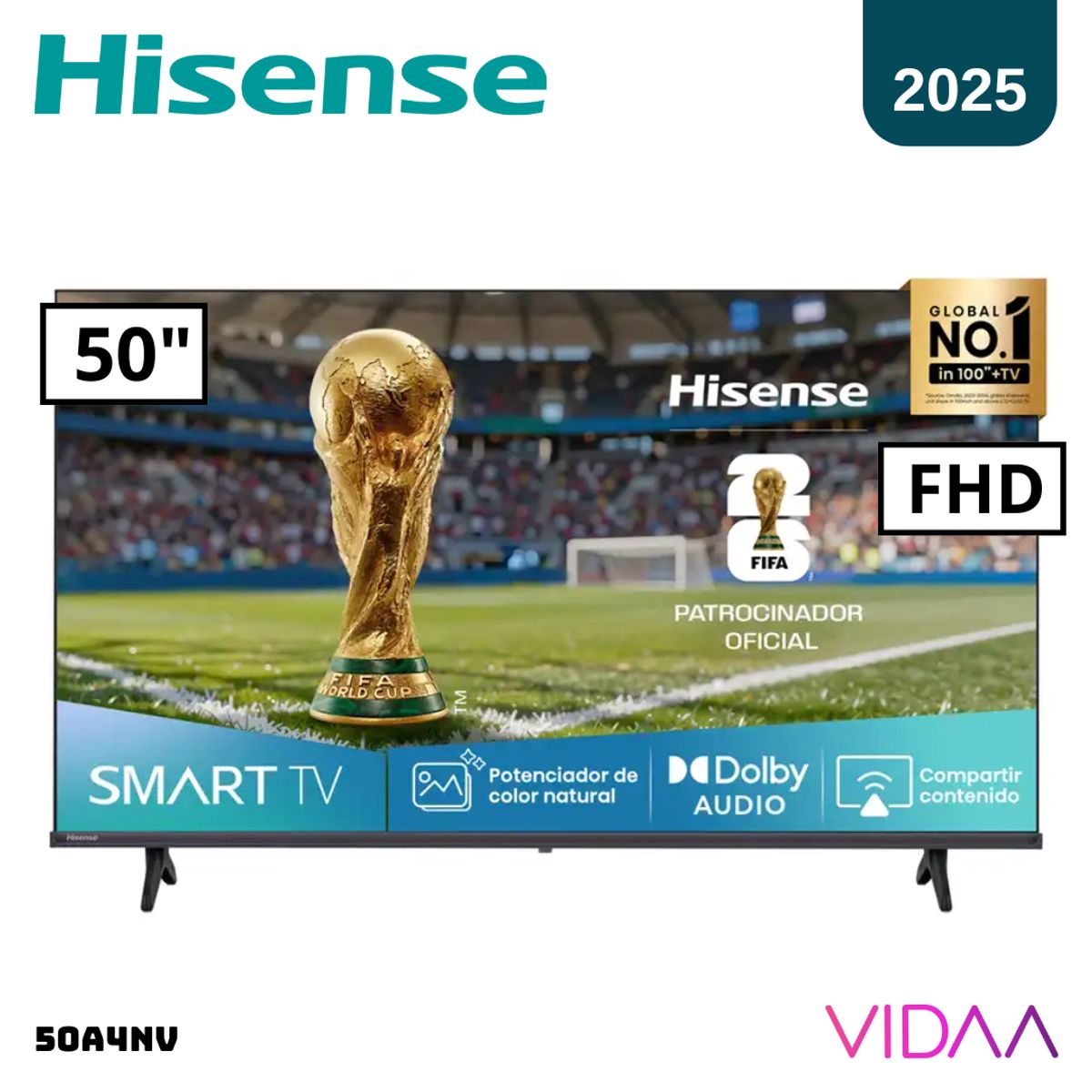 HISENSE - TELEVISOR HISENSE 50 SMART TV VIDAA FHD LED 2025 - 50A4NV