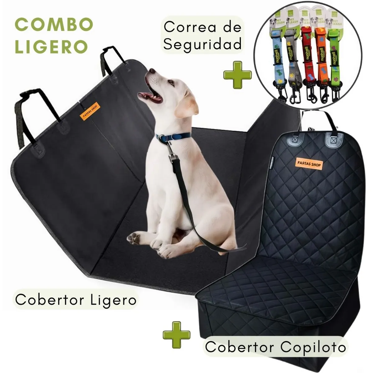 GENERICO - COMBO LIGERO Cobertor de Auto  + Cobertor COPILOTO + Cinturón de Seguridad para Mascotas