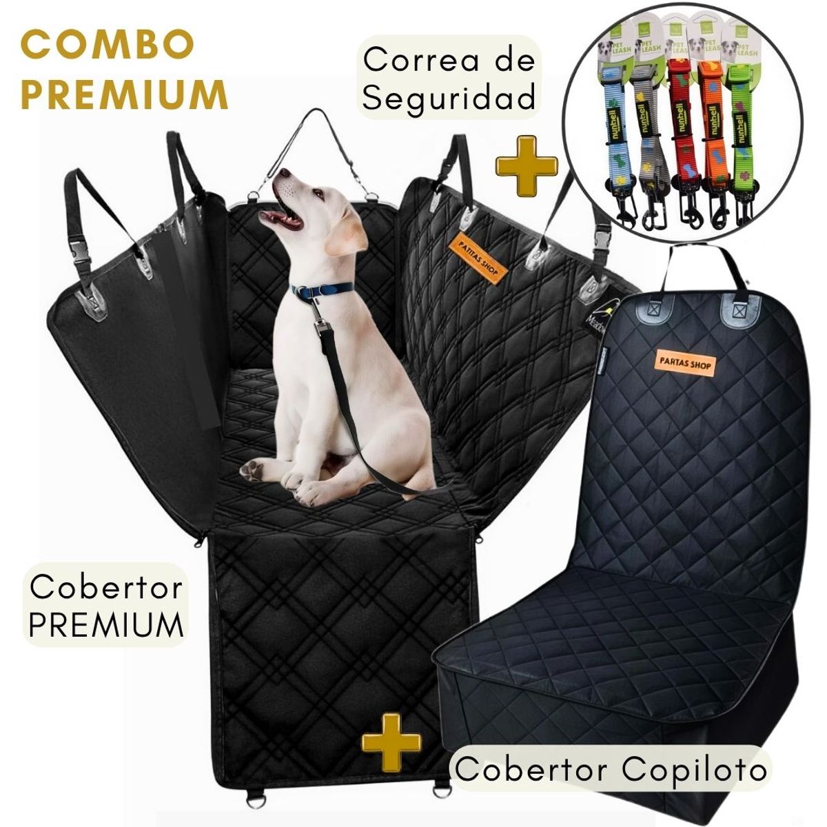 GENERICO - COMBO PREMIUM Cobertor de Auto  + Cobertor COPILOTO + Cinturón de Seguridad para Mascotas