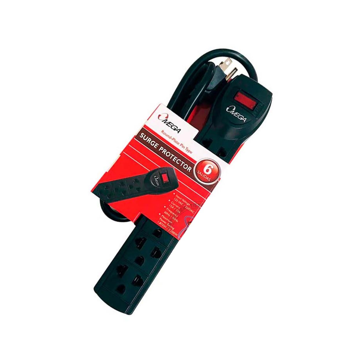 OMEGA - Supresor De Picos Omega 492423Bk Con 6 Tomas 220V Para Protección De Equipos Electrónicos