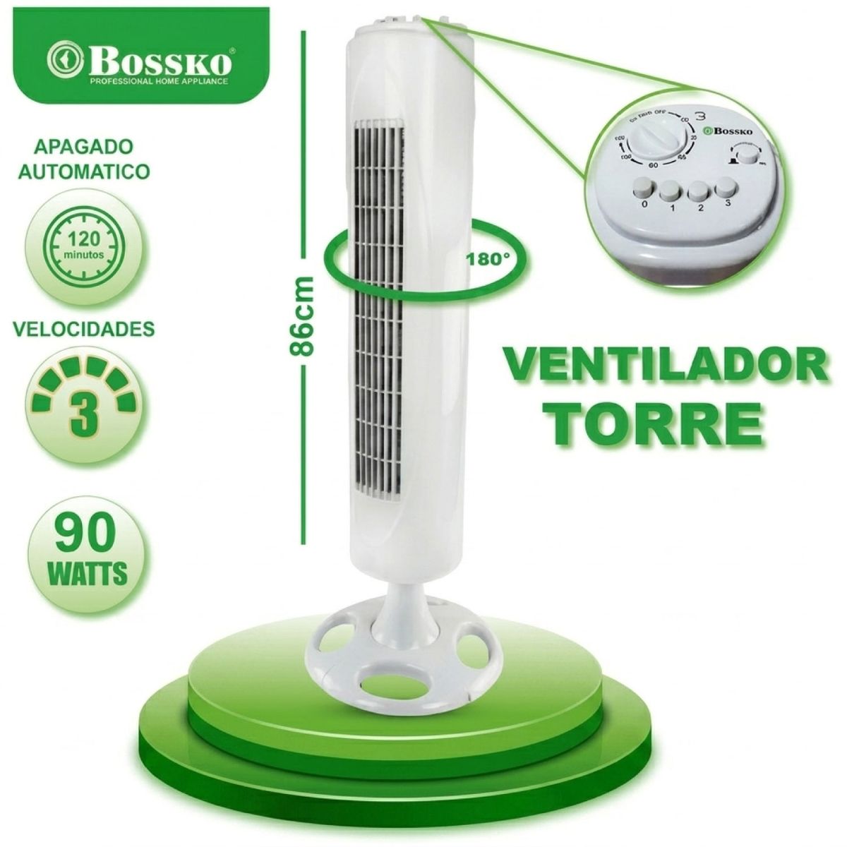 BOSSKO - Ventilador de Torre Silencioso 90W BK-8228VT Blanco