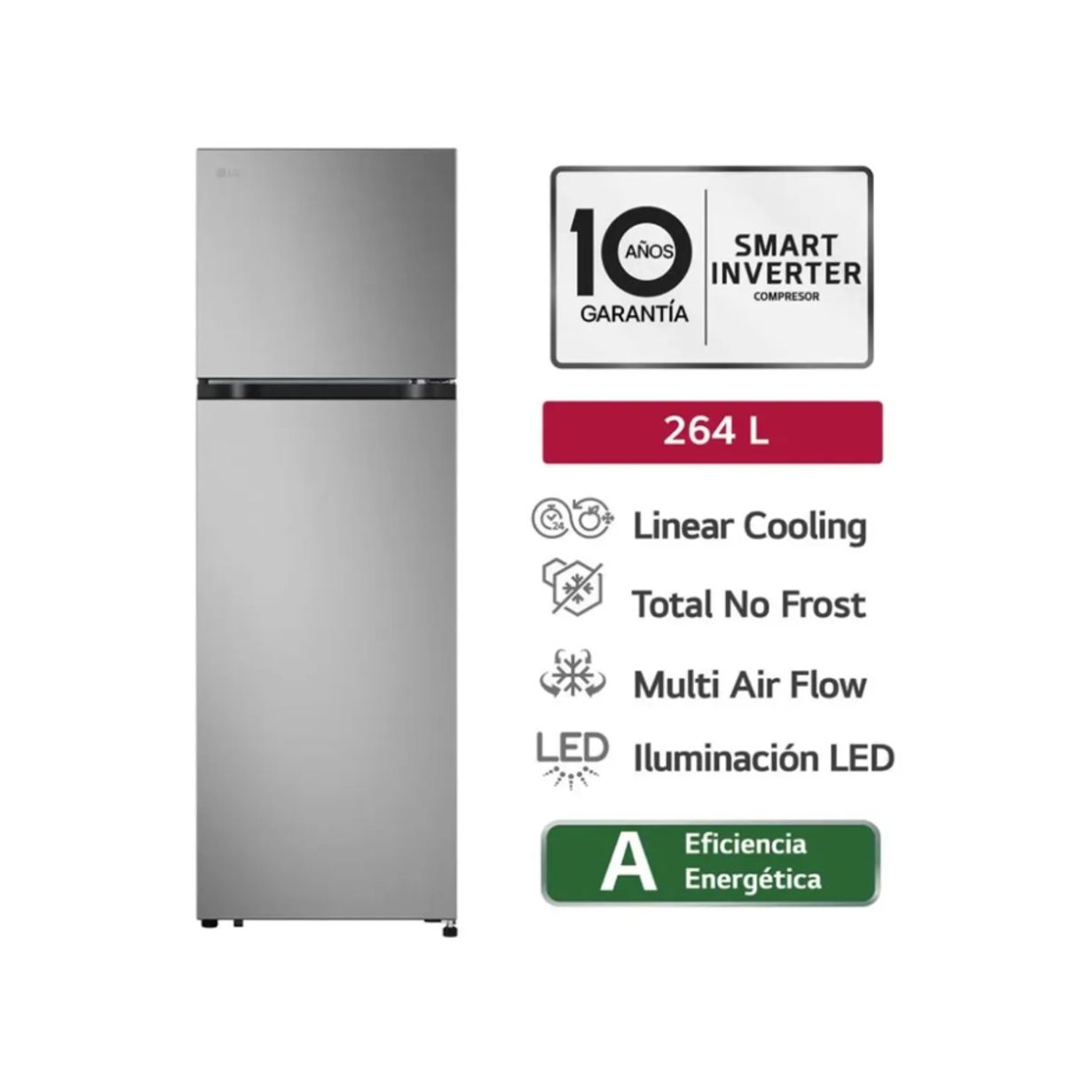 LG - Refrigeradora LG Top Freezer 264 LT LinearCooling Multi-Air Flow VT26BPY Plateada