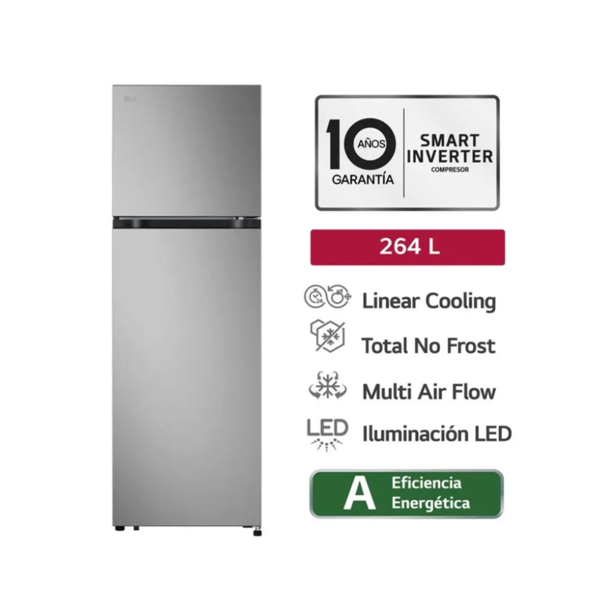 LG - Refrigeradora LG Top Freezer 264 LT LinearCooling Multi-Air Flow VT26BPY Plateada