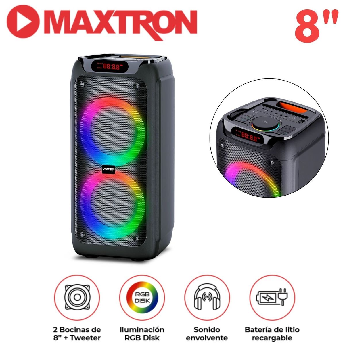 MAXTRON - Torre de Sonido Maxtron Mx 800 Zenith 02 Bocinas 8 pulgadas Función DSP LED Disk