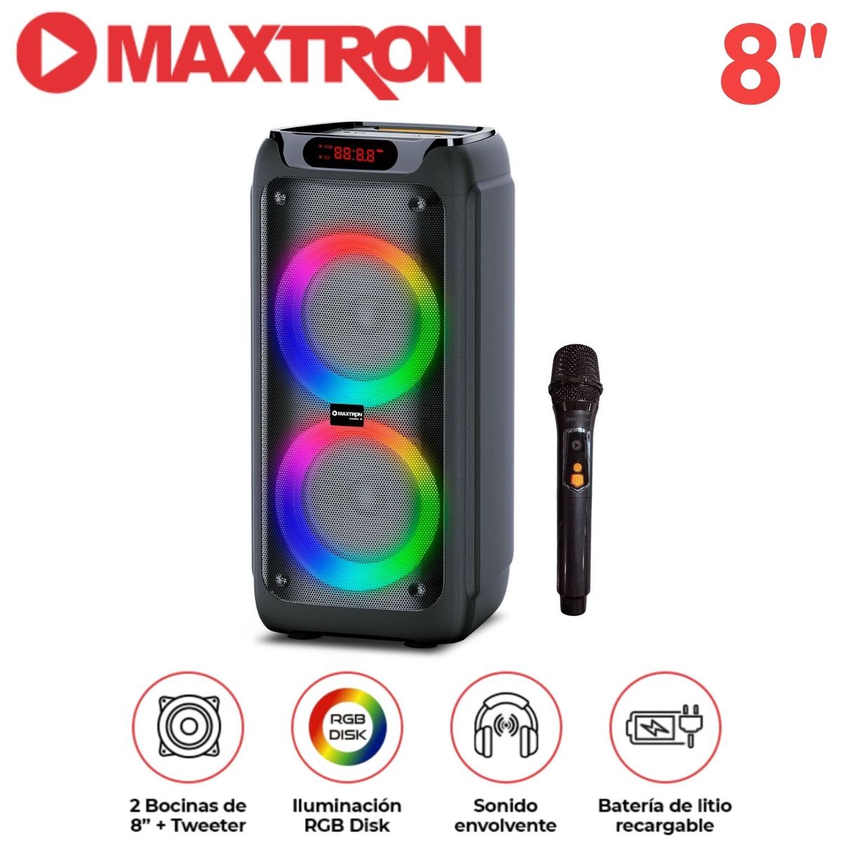 MAXTRON - Torre de Sonido Maxtron Mx 800 Zenith 02 Bocinas 8 pulgadas 01 Micrófono LED Disk