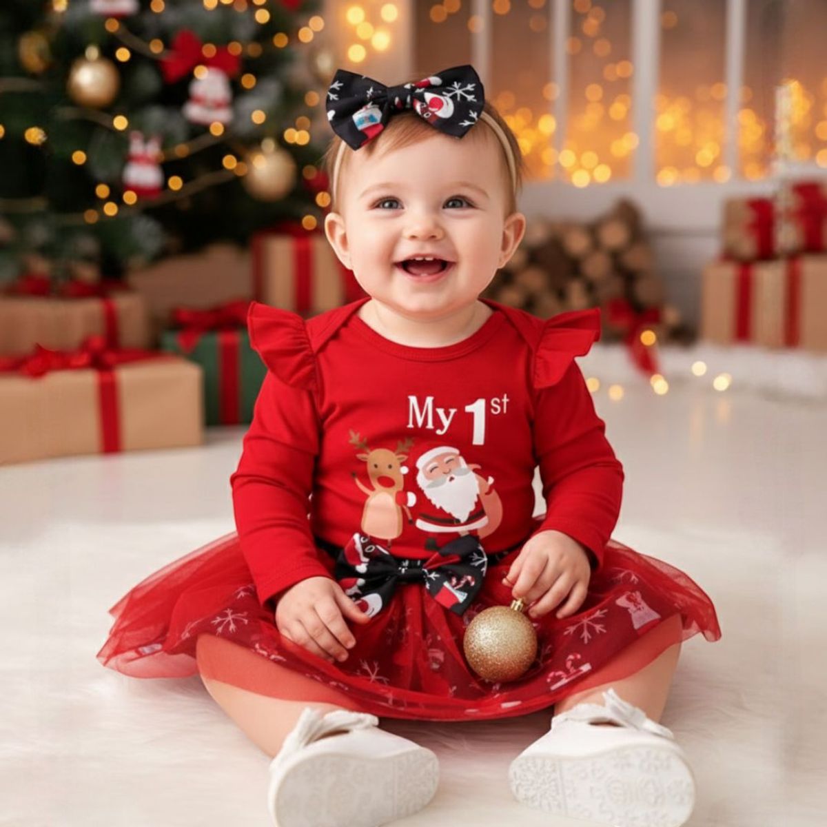 GENERICO - VESTIDO NAVIDEÑO DE BEBÉ NIÑA - MI PRIMERA NAVIDAD - SET DE 3 PIEZAS