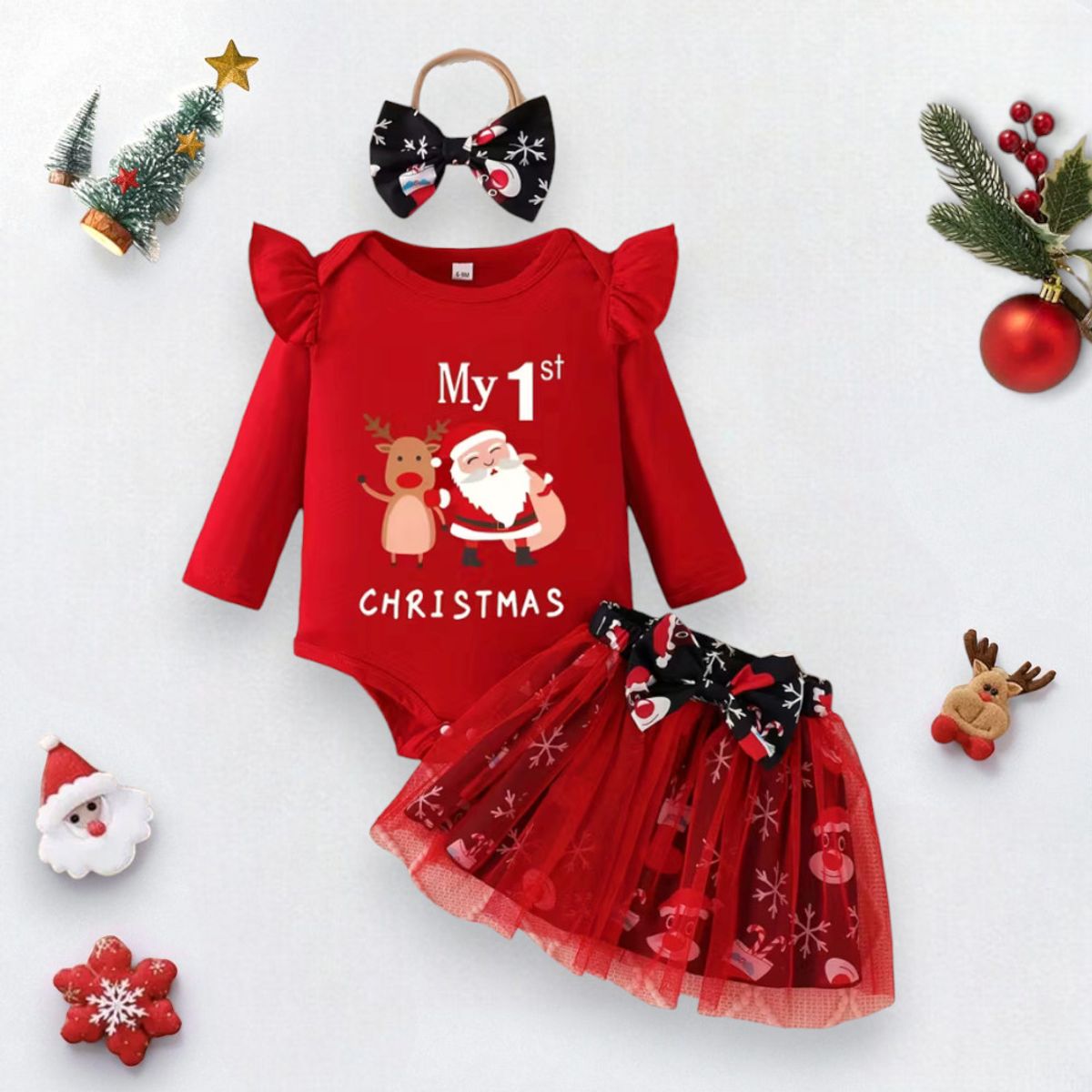 GENERICO - VESTIDO NAVIDEÑO DE BEBÉ NIÑA - MI PRIMERA NAVIDAD - SET DE 3 PIEZAS