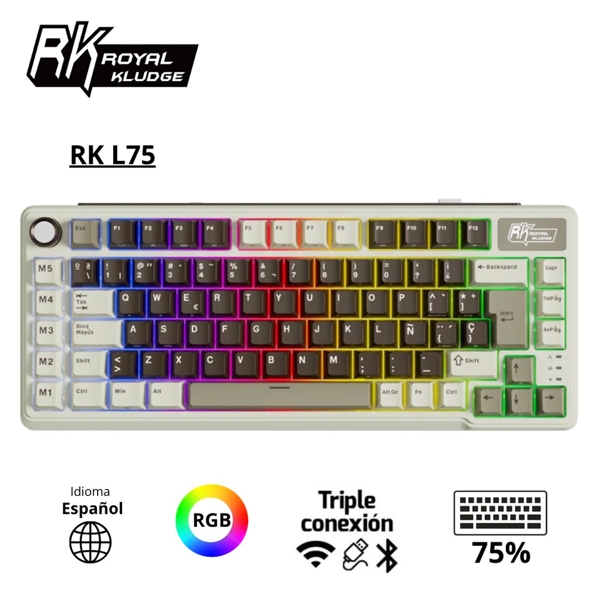 ROYAL KLUDGE - Teclado Royal Kludge RK L75 Inalambrico MOCHA GREY - CREAMY SWITCH