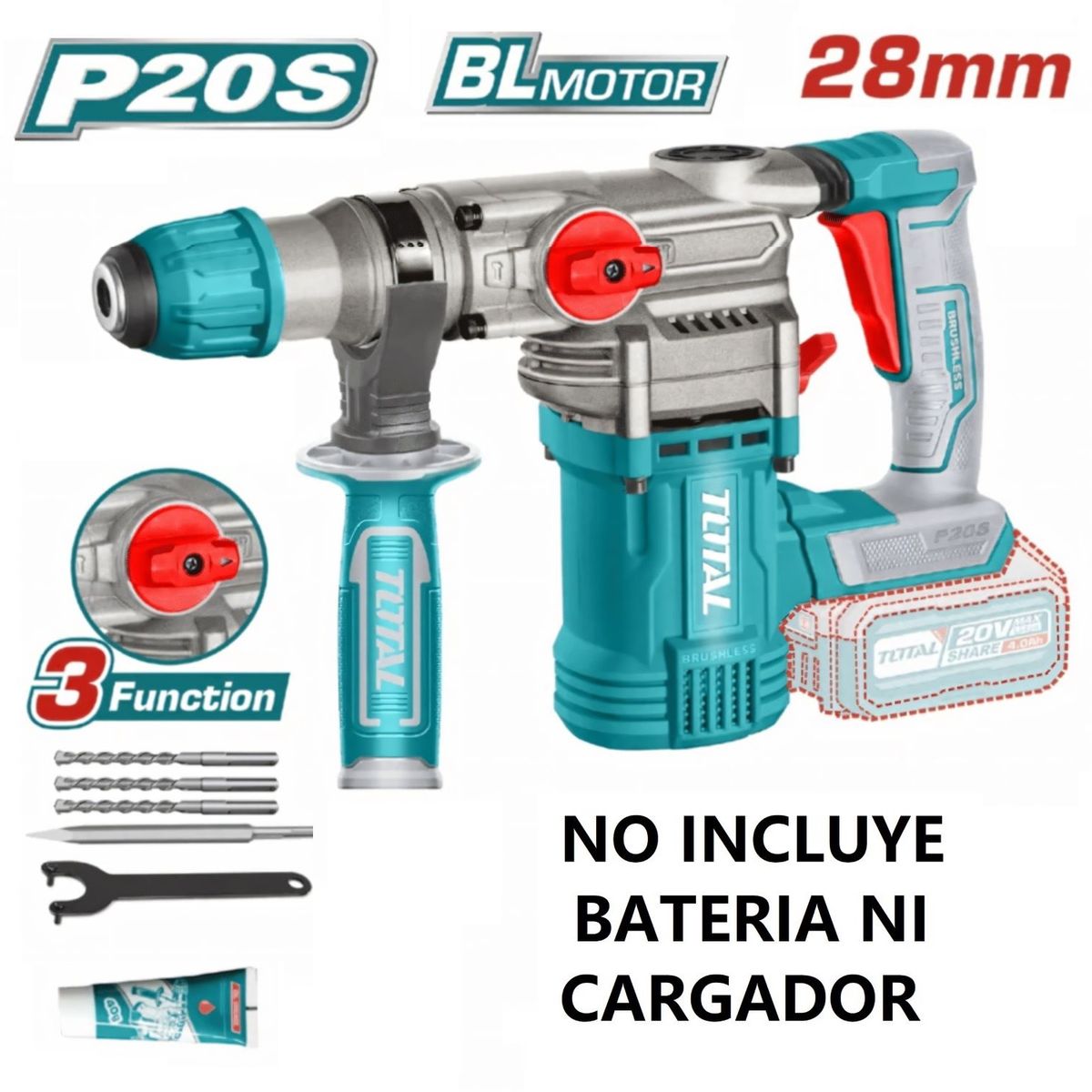 TOTAL TOOLS - Rotomartillo Sds Plus + 28mm 20v 4.5juls Industrial Solo Cabezal Total Tools