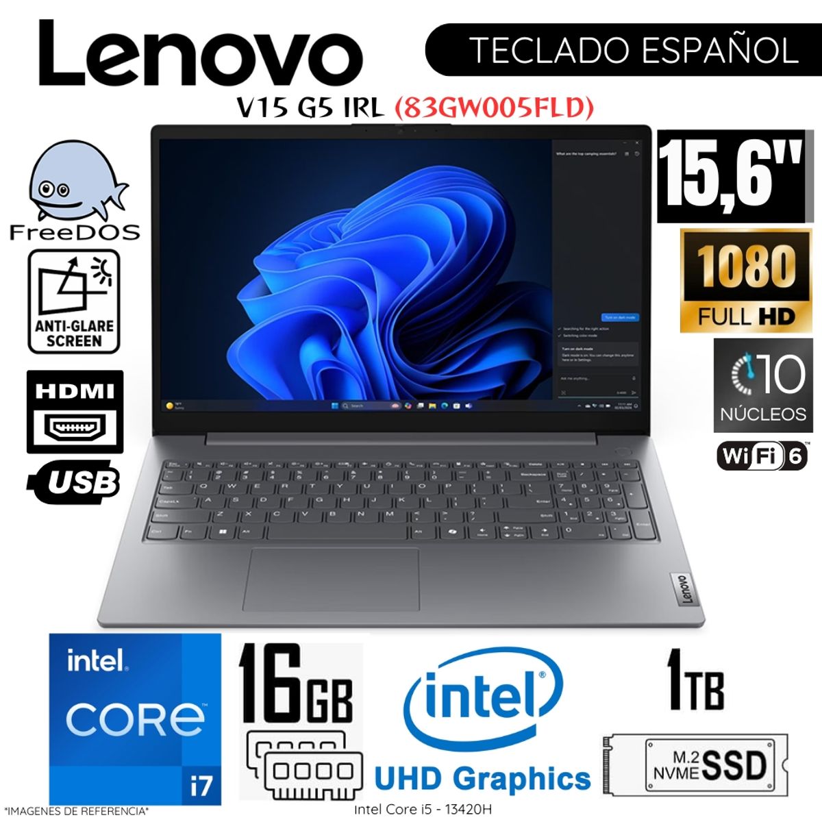 LENOVO - Laptop Lenovo V15 G5 IRL Intel Core i7-13620H 16GB RAM 1TB SSD 15.6"  FHD FreeDos - 83GW005FLD