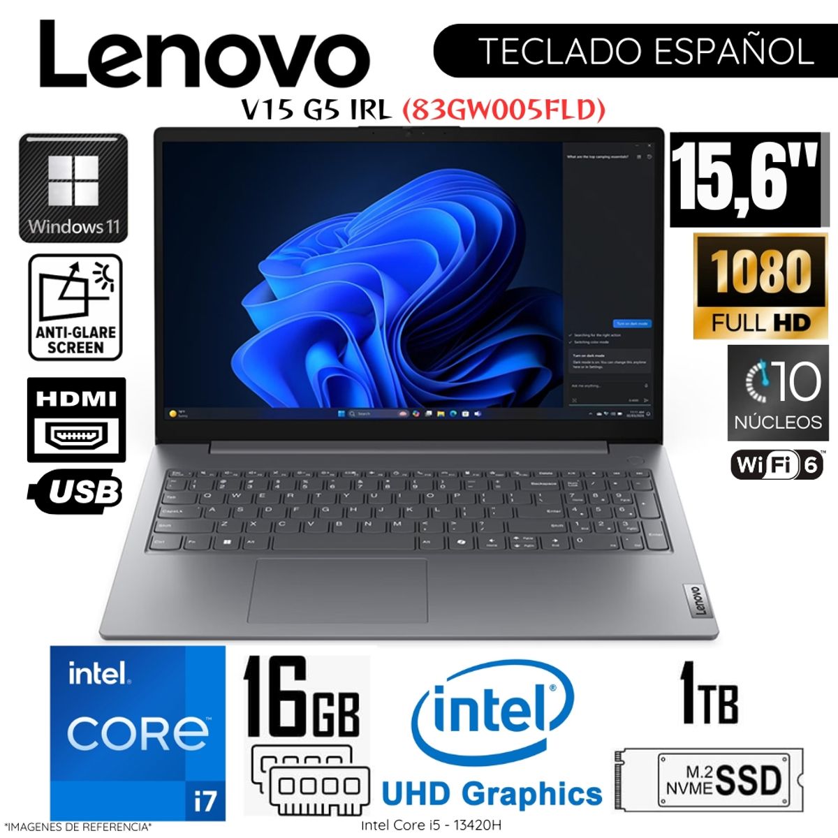 LENOVO - Laptop Lenovo V15 G5 IRL Intel Core i7-13620H 16GB RAM 1TB SSD 15.6"  FHD FreeDos - 83GW005FLD