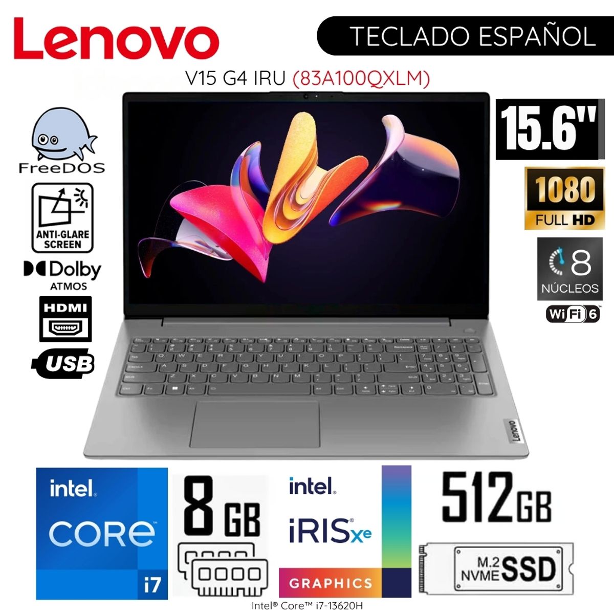 LENOVO - Laptop Lenovo V15 G4 IRU Intel Core i7-13620H 8GB RAM 512GB SSD 156 Pulg FHD FreeDos 83A100QXLM