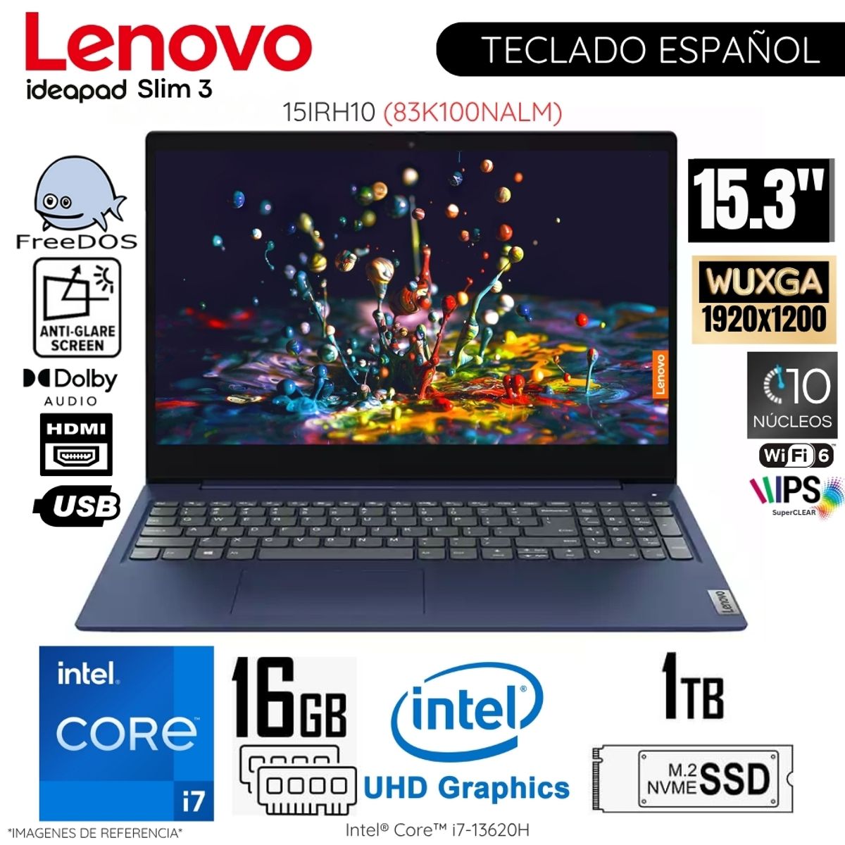 LENOVO - Laptop Lenovo Ideapad Slim 3 15IRH10 Intel Core i7-13620H 16GB RAM 1TB SSD 15.3"  WUXGA - 83K100NALM