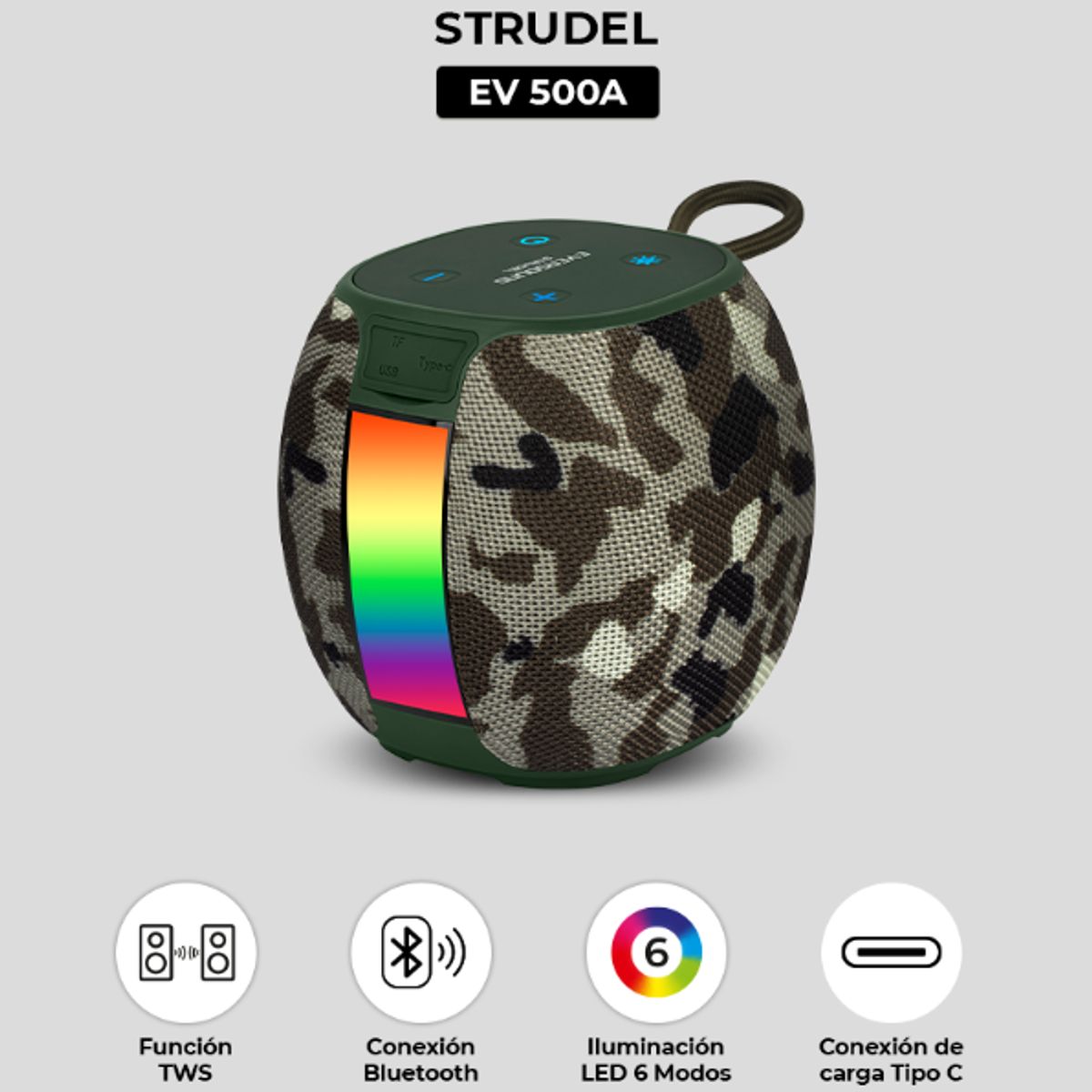 EVERSOUND - Parlante Bluetooth EVERSOUND STRUDEL EV500A Led RGB Camuflado