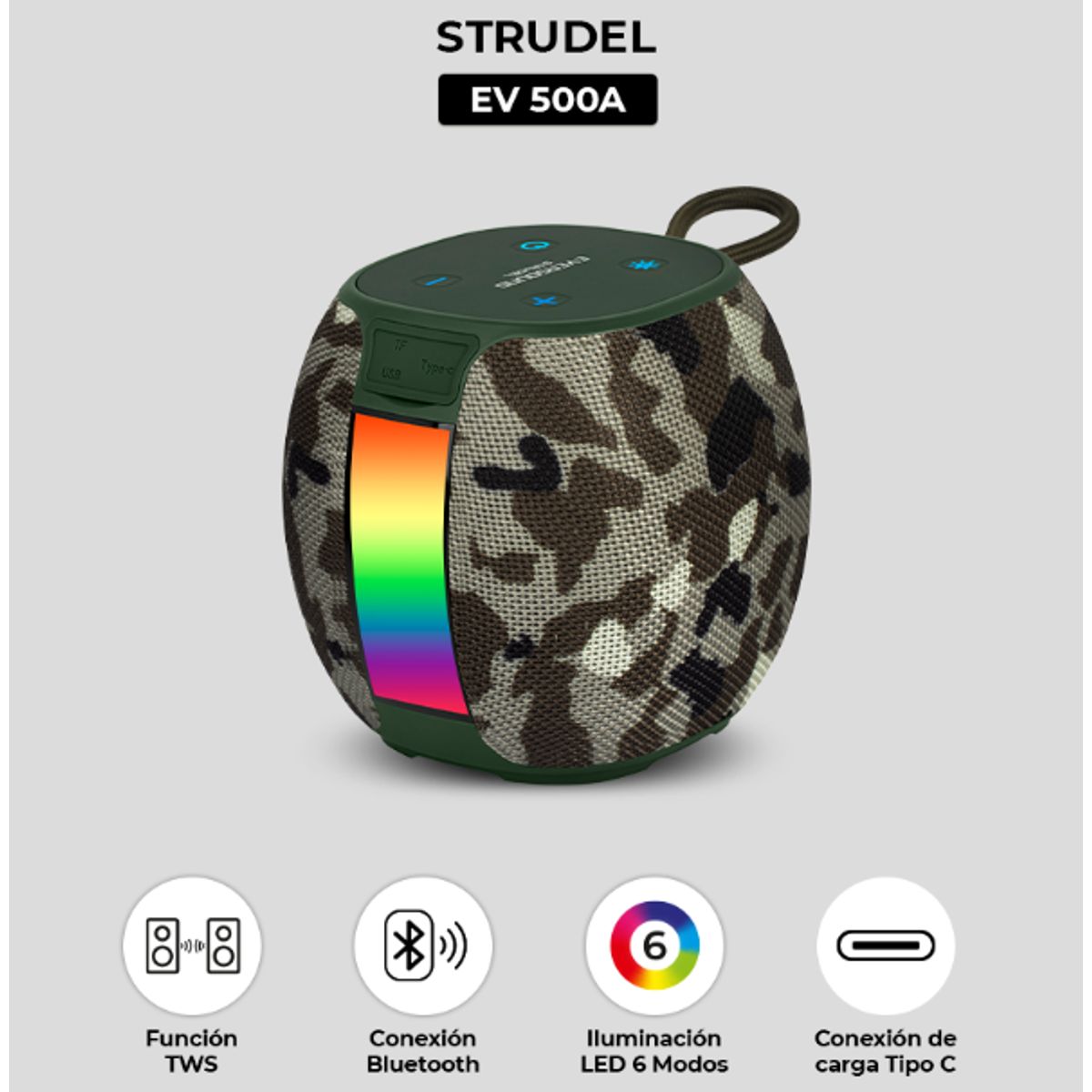 EVERSOUND - Parlante Bluetooth EVERSOUND STRUDEL EV500A Led RGB Camuflado
