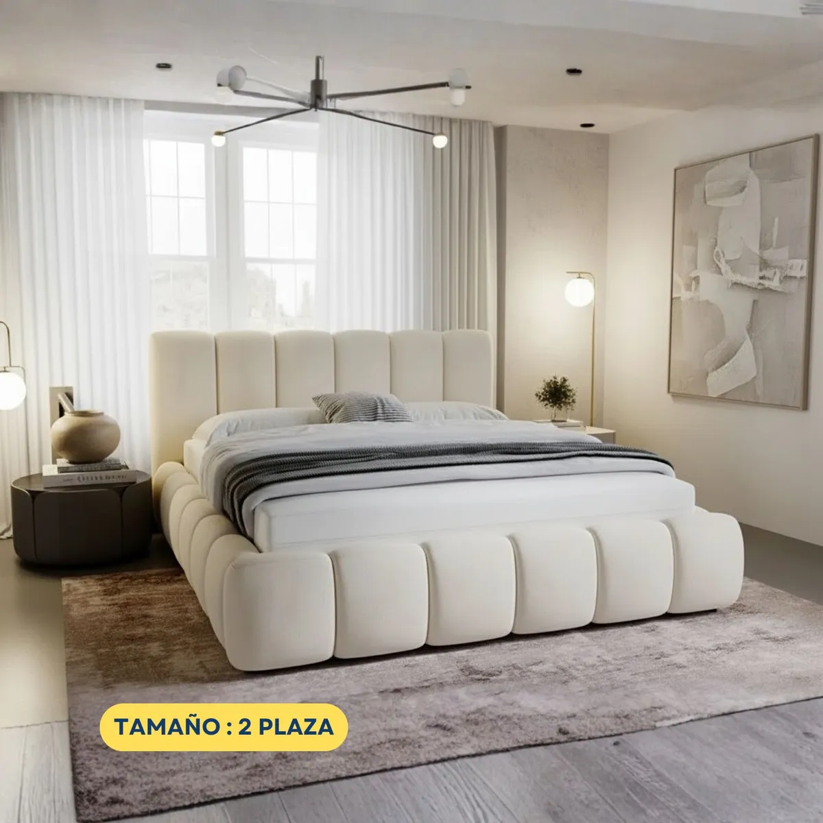 GENERICO - Cama Americana 2 Plazas Modelo Cloud Tapizado en Tela Chenille Antifluido Acolchado - LMUEBLE