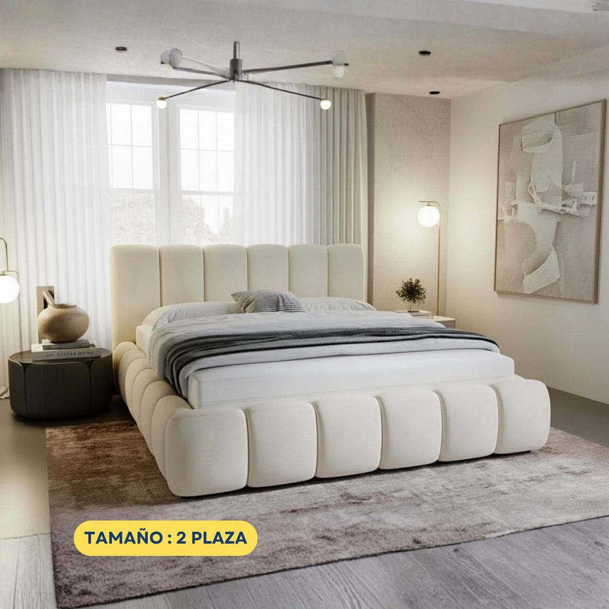 GENERICO - Cama Americana 2 Plazas Modelo Cloud Tapizado en Tela Chenille Antifluido Acolchado - LMUEBLE