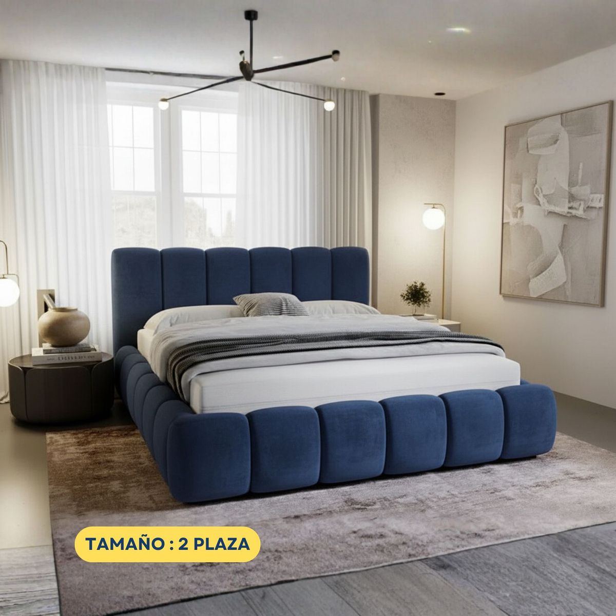 GENERICO - Cama Americana 2 Plazas Modelo Cloud Tapizado en Tela Chenille Antifluido Acolchado - LMUEBLE