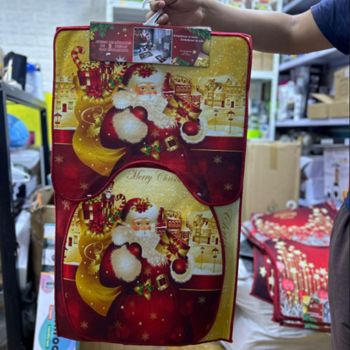 GENERICO - Juego x3 de tapete de baño navideño con estampado para inodoro