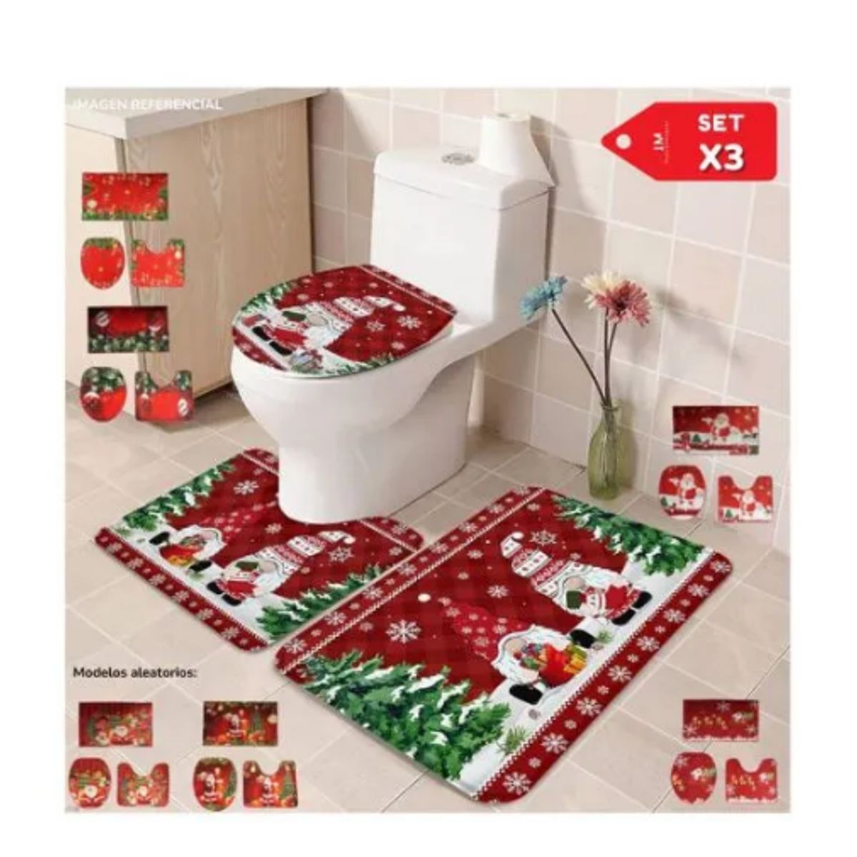 GENERICO - Juego x3 de tapete de baño navideño con estampado para inodoro