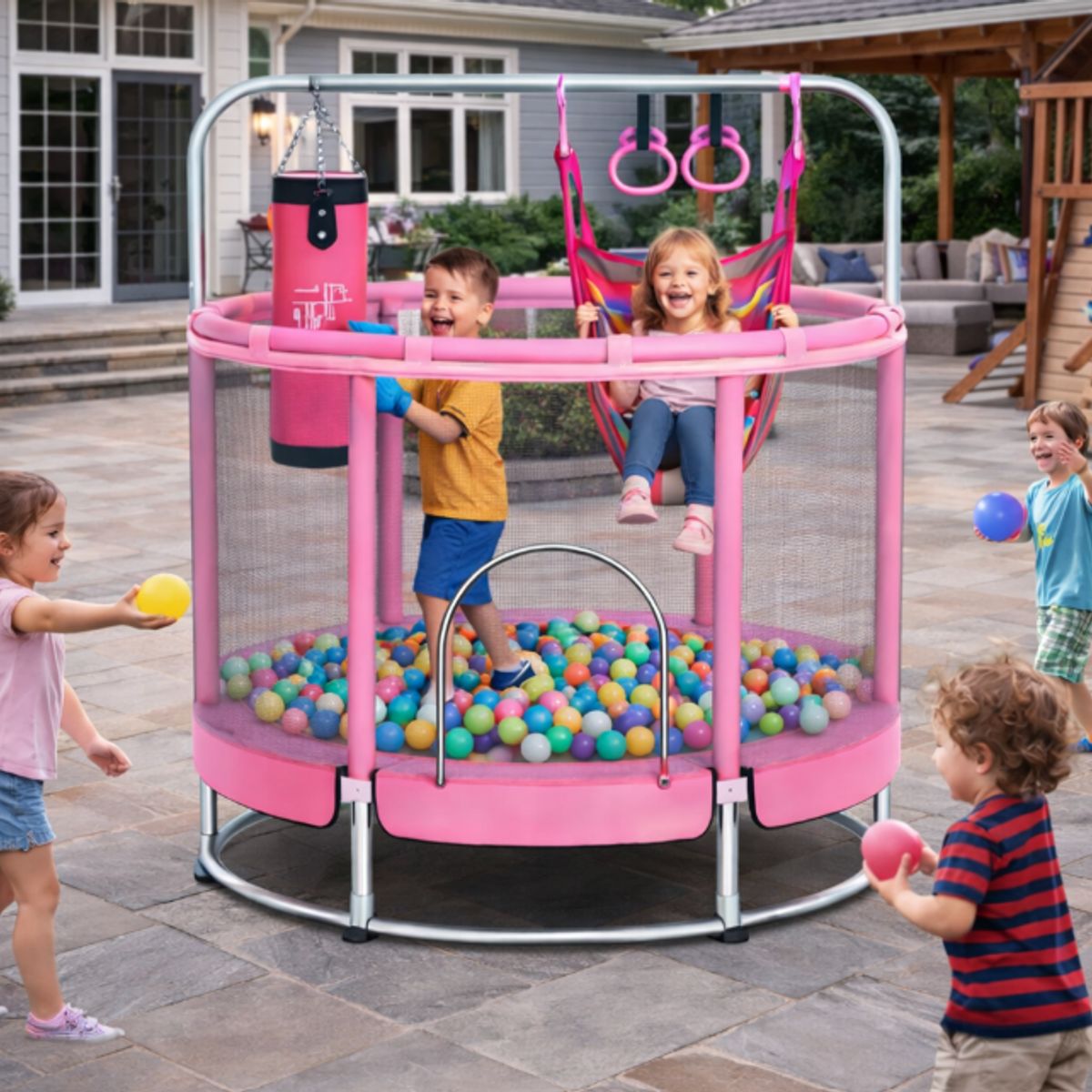 GENERICO - JUEGO TRAMPOLÍN CAMA SALTARINA ELÁSTICA ACCESORIOS Y JUEGOS COMPLETOS INCLUYE PELOTAS ROSADO