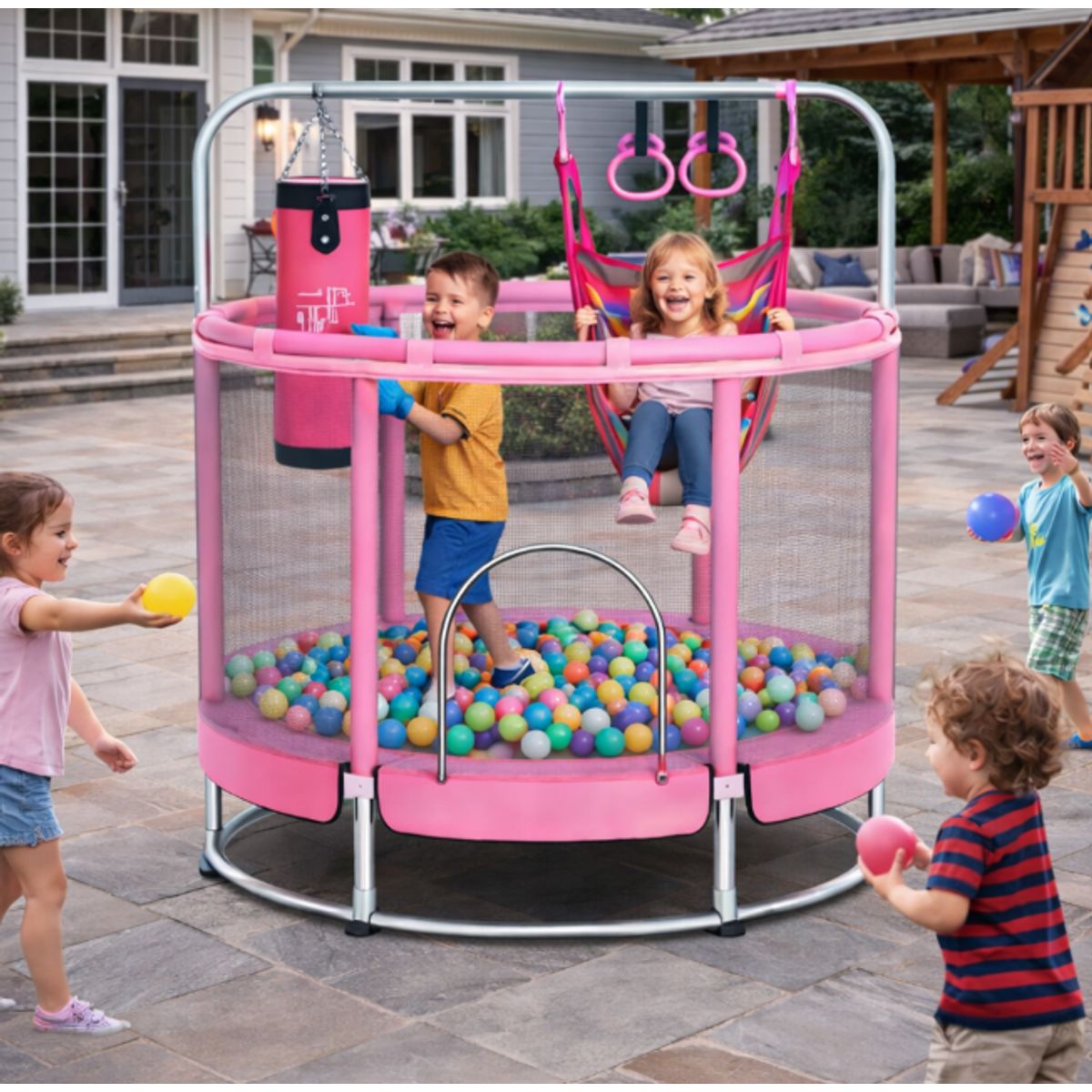 GENERICO - JUEGO TRAMPOLÍN CAMA SALTARINA ELÁSTICA ACCESORIOS Y JUEGOS COMPLETOS INCLUYE PELOTAS ROSADO