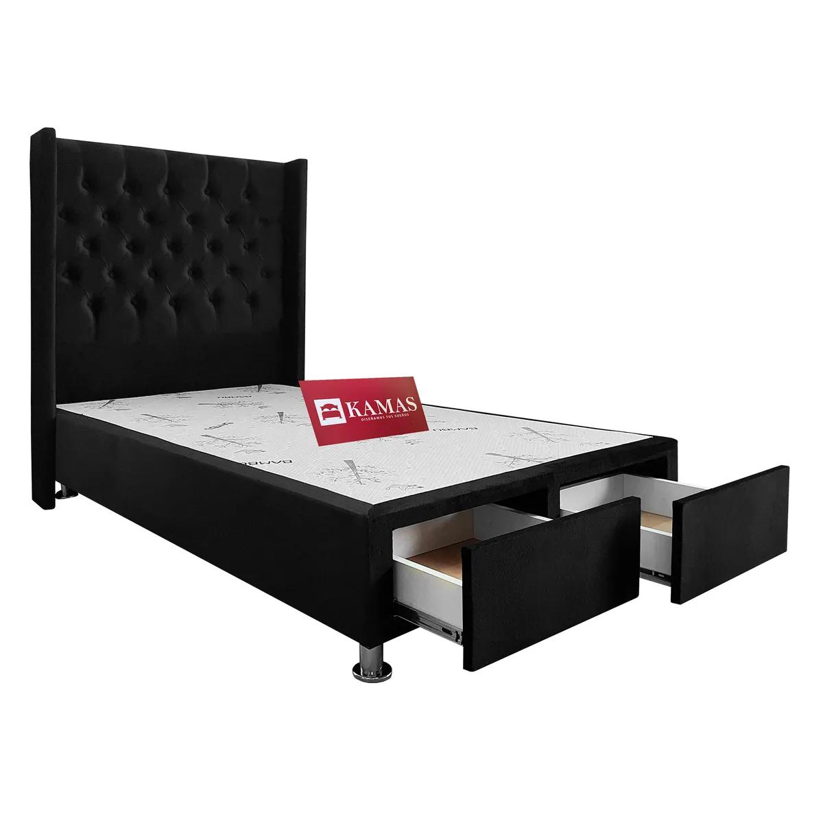 KAMAS - CAMA BOX TARIMA 2 PLAZAS CON 2 CAJONES + CABECERA PEDESTAL CAPITONEADO - NEGRO