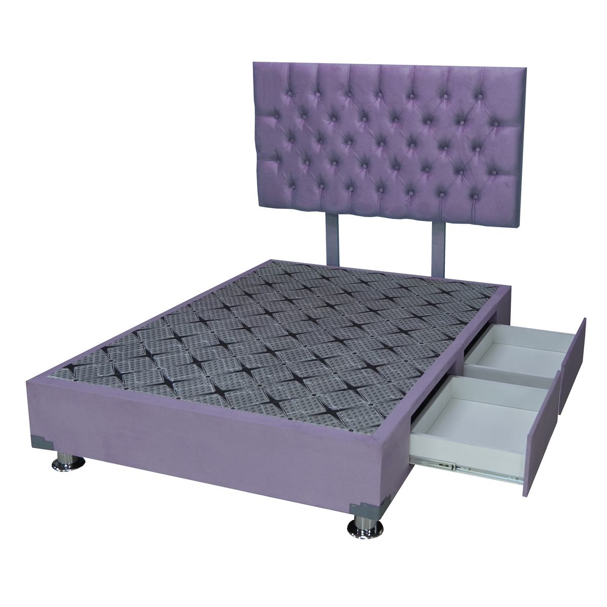 KAMAS - CAMA BOX TARIMA 2 PLAZAS CON 2 CAJONES + CABECERA AEREA CAPITONEADO - LILA