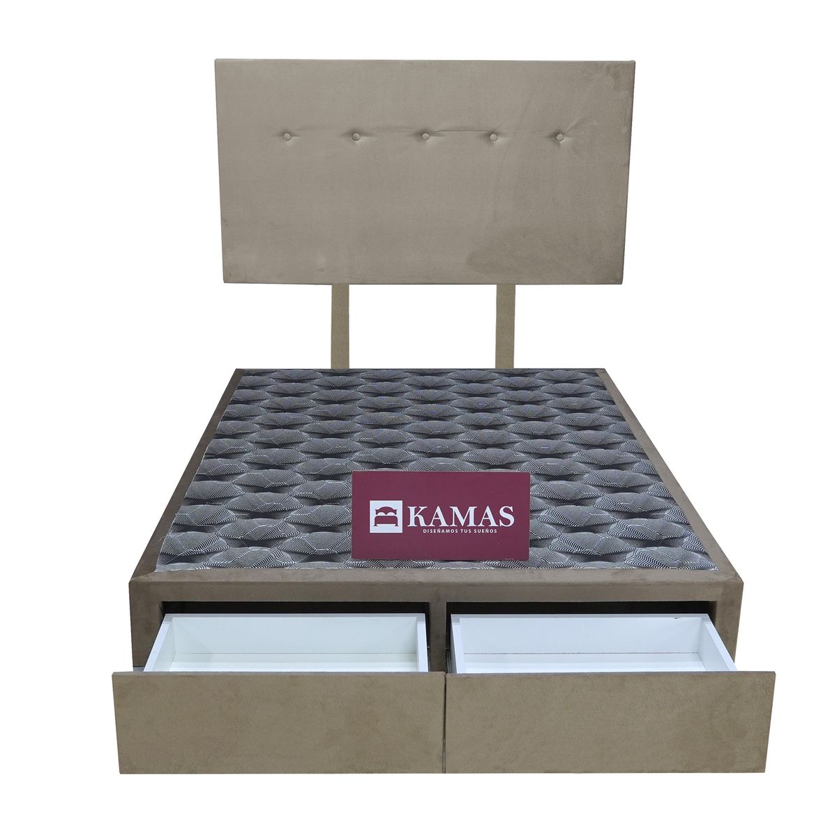 KAMAS - CAMA BOX TARIMA 2 PLAZAS CON 2 CAJONES + CABECERA AEREA CLASICA 2 - BEIGE OSCURO
