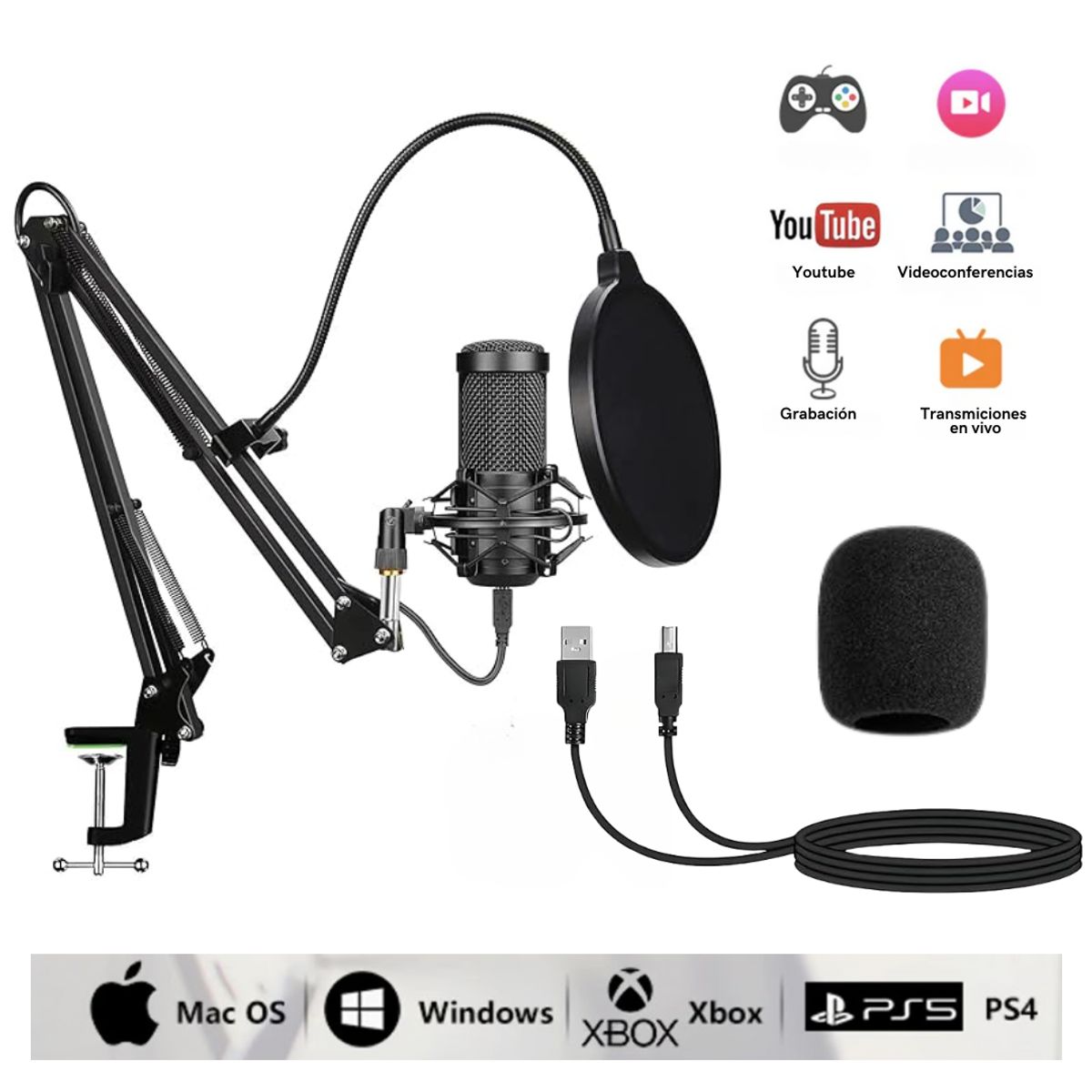 SEISA - Kit Micrófono Condensador Profesional Con Soporte Y Antipop para Streaming PC