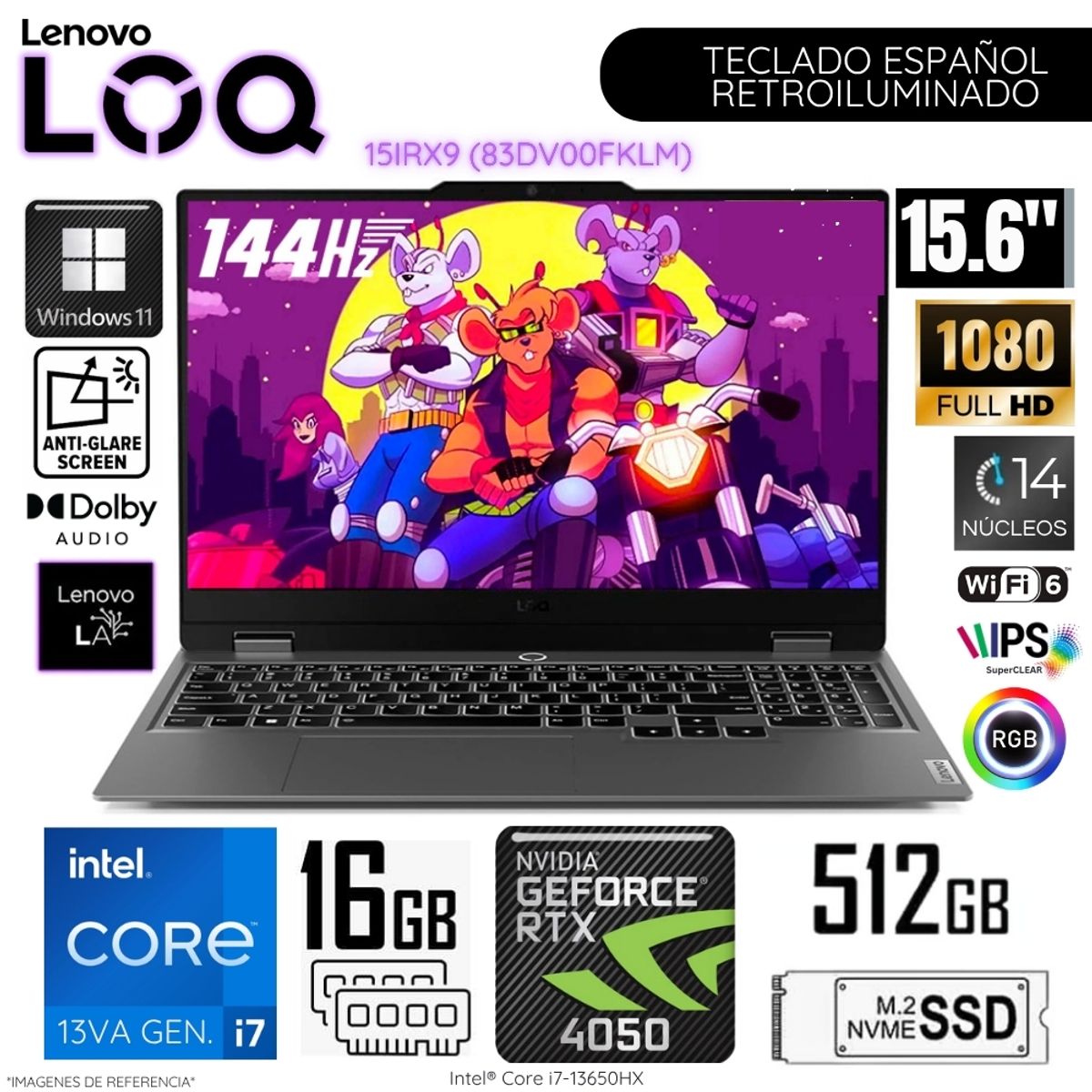 LENOVO - Laptop Lenovo LOQ 15IRX9 Intel Corei7-13650HX 16GB RAM 512GB SSD 156 FHD RTX4050-6GB 83DV00FKLM