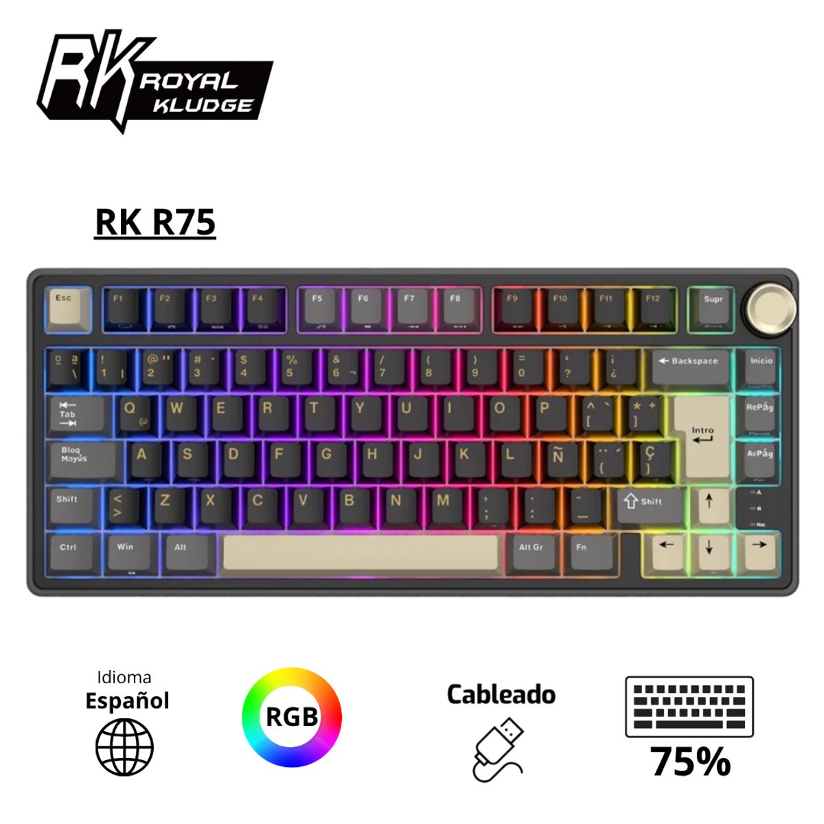 ROYAL KLUDGE - Teclado Royal Kludge RK R75 Cableado PHANTOM - BROWN SWITCH