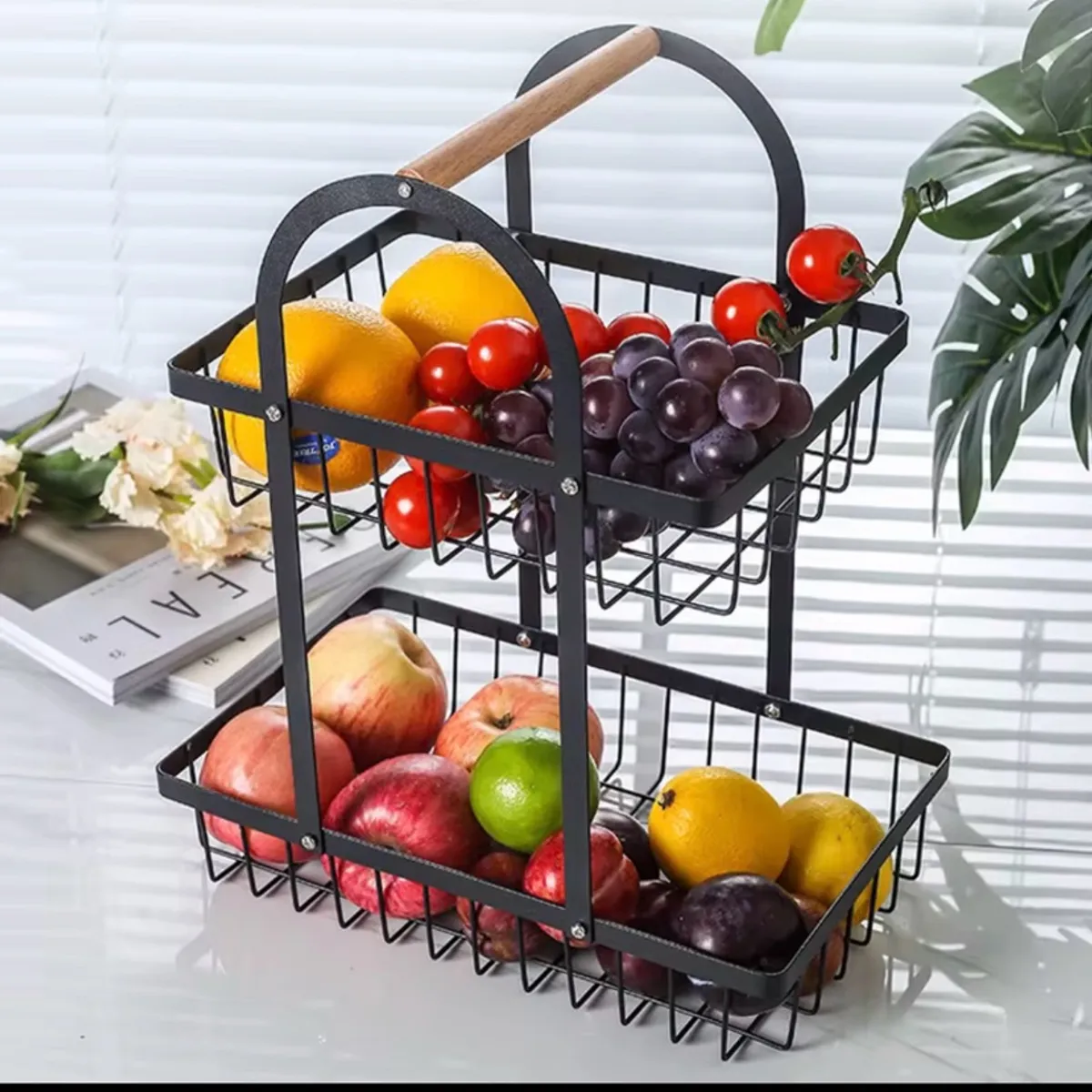 GENERICO - Frutero Organizador 2 Niveles Negro con Mango de Madera Natural